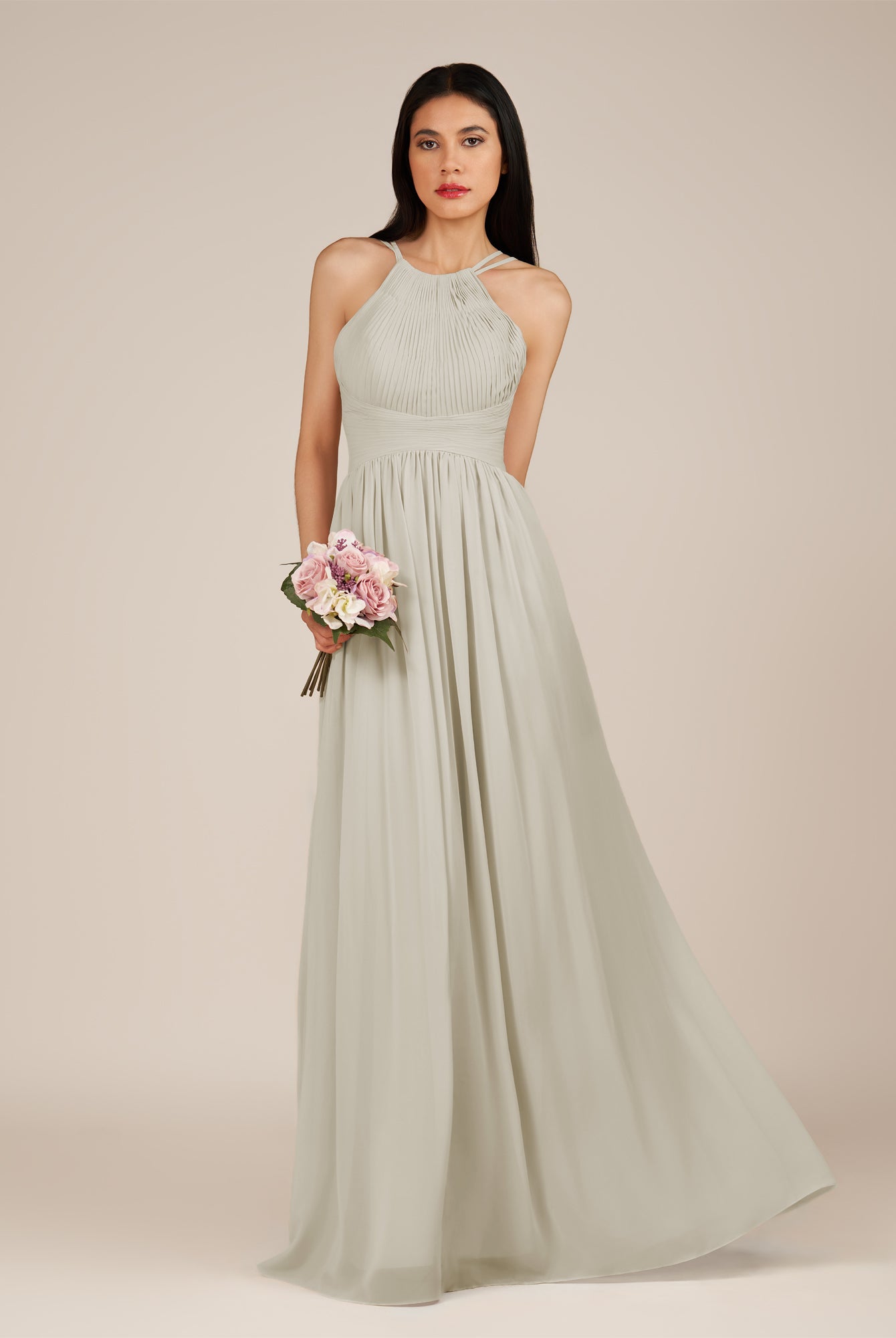 KissDress-Ursa Dove Gray A Line Chiffon Halter Neck Long Bridesmaid Dress with Pleats