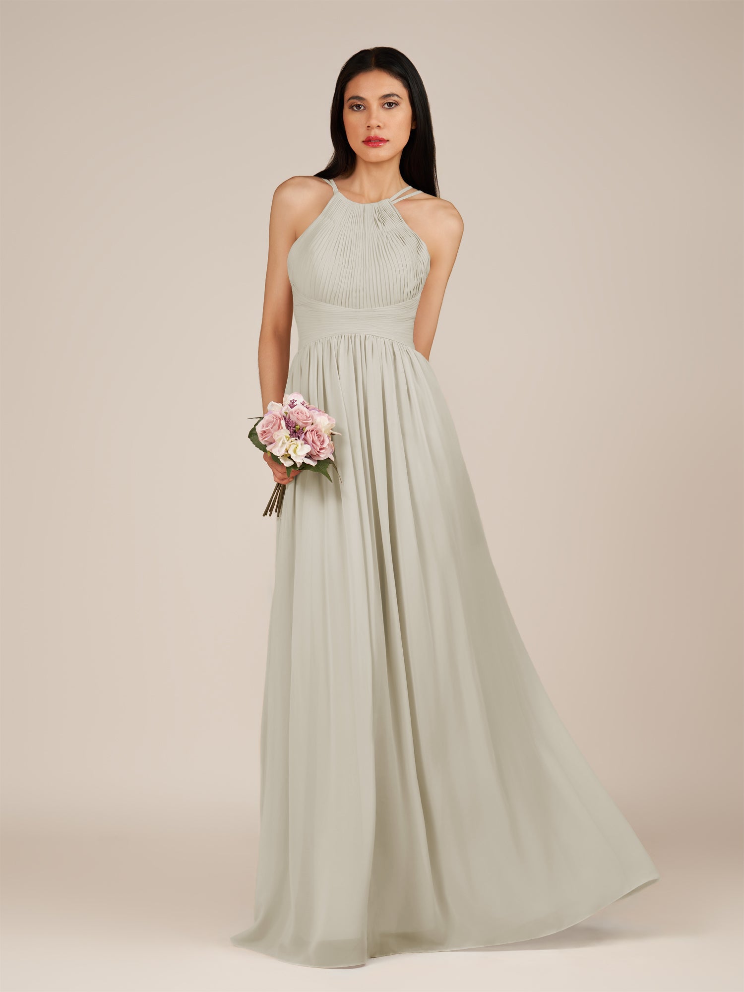 KissDress-Ursa Dove Gray A Line Chiffon Halter Neck Long Bridesmaid Dress with Pleats