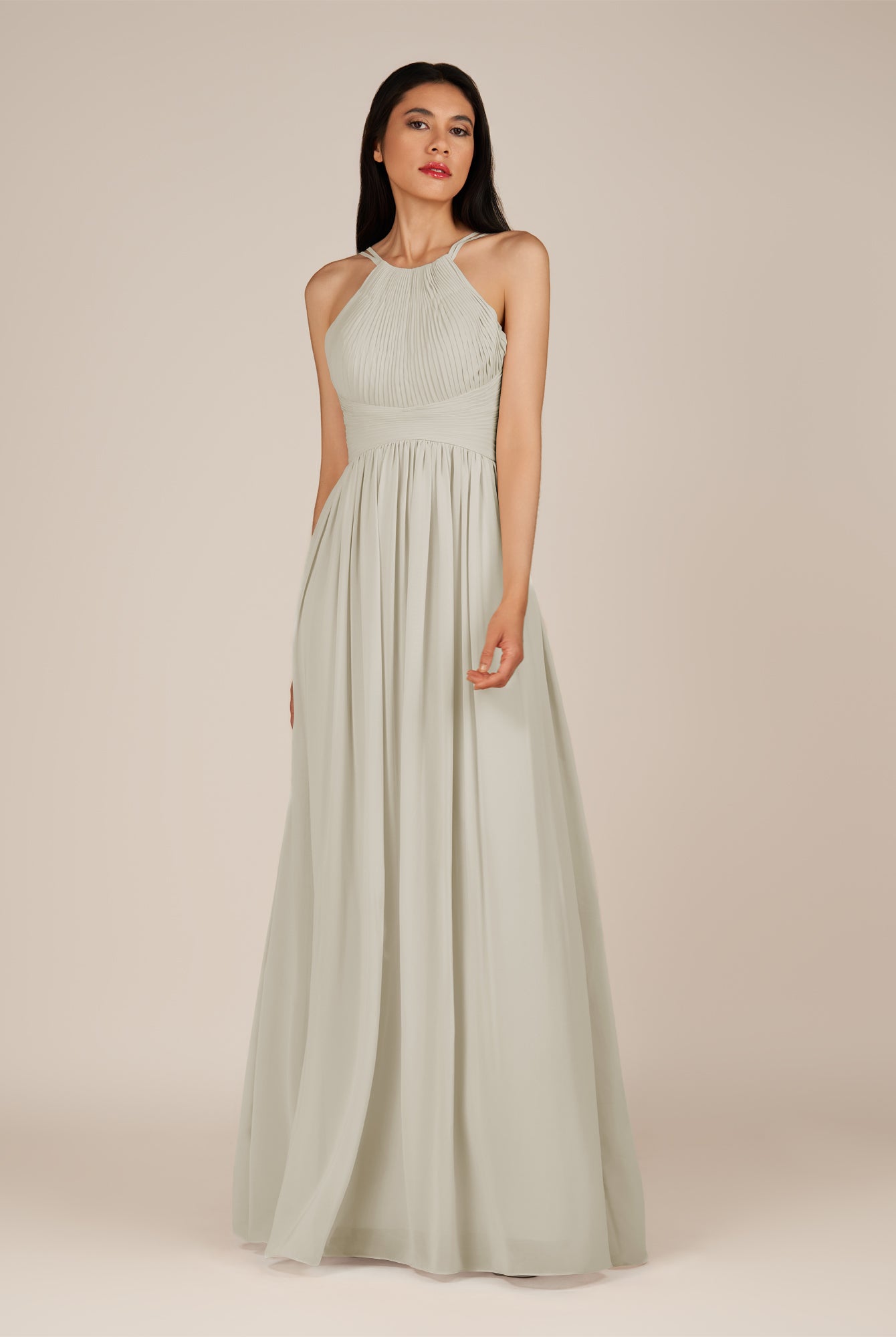 KissDress-Ursa Dove Gray A Line Chiffon Halter Neck Long Bridesmaid Dress with Pleats