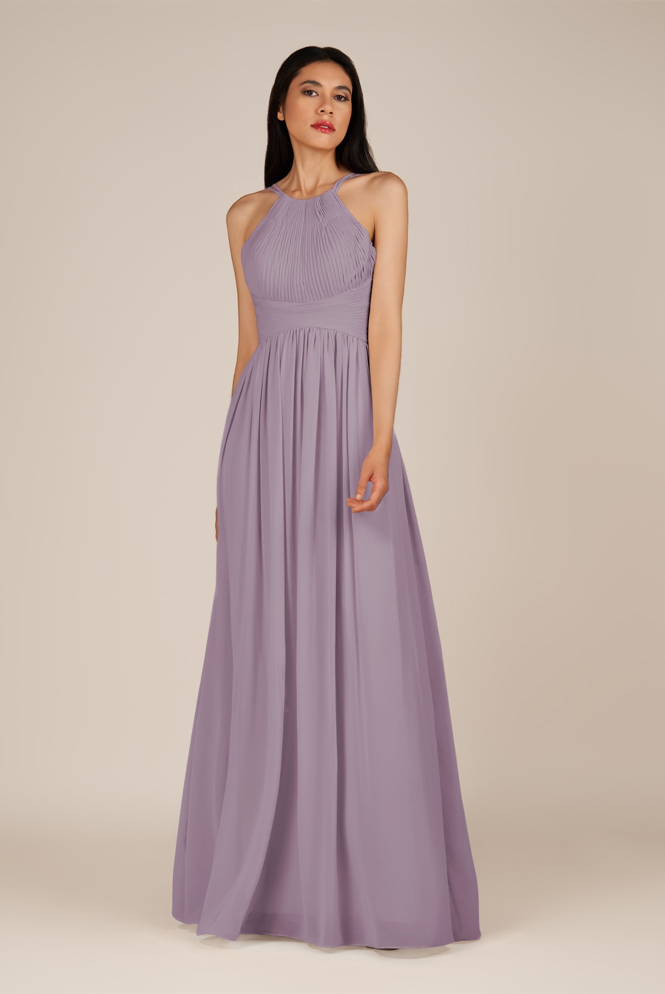 KissDress-Ursa Dusk A Line Chiffon Halter Neck Long Bridesmaid Dress with Pleats