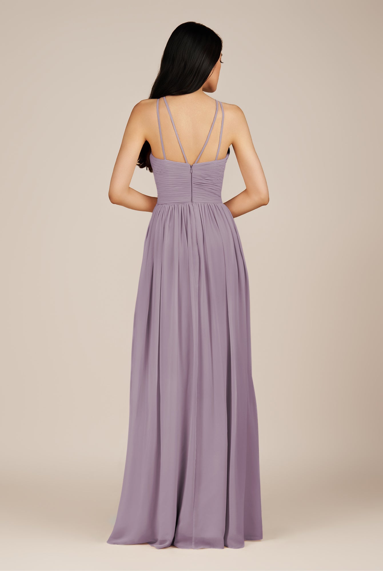 KissDress-Ursa Dusk A Line Chiffon Halter Neck Long Bridesmaid Dress with Pleats