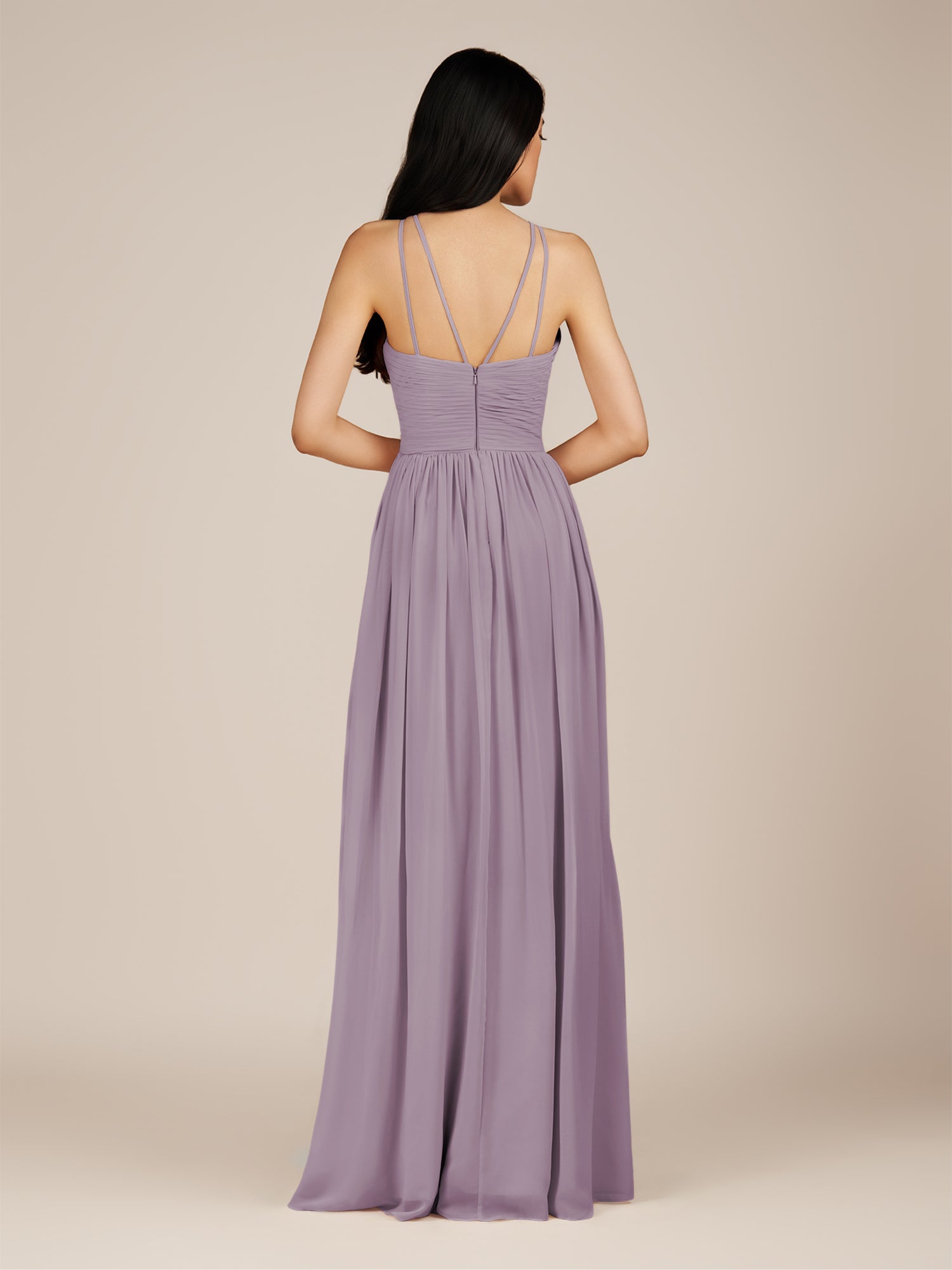KissDress-Ursa Dusk A Line Chiffon Halter Neck Long Bridesmaid Dress with Pleats