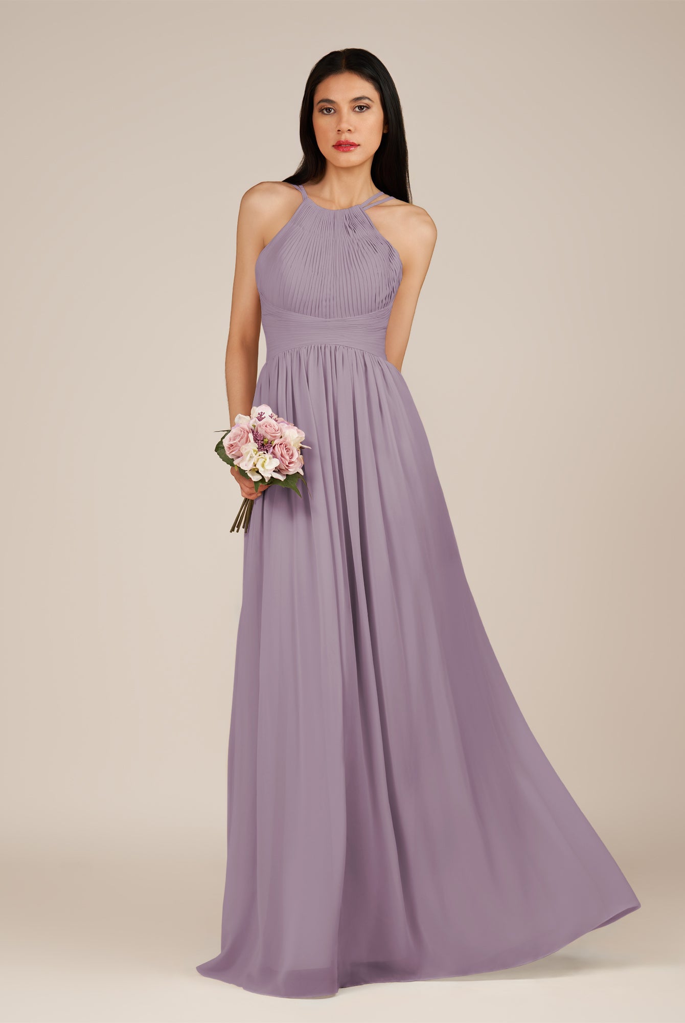 KissDress-Ursa Dusk A Line Chiffon Halter Neck Long Bridesmaid Dress with Pleats