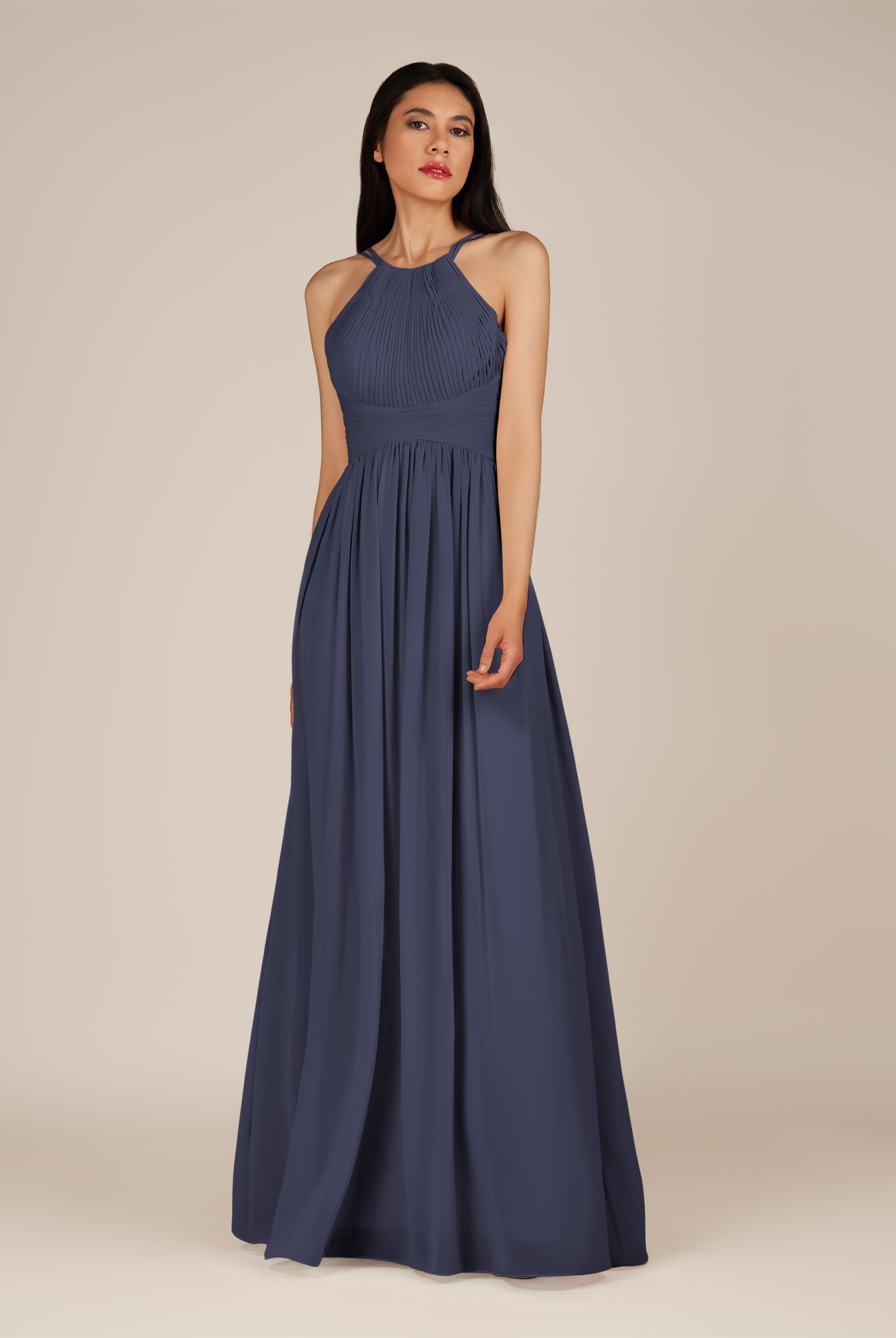 KissDress-Ursa Dusk Blue A Line Chiffon Halter Neck Long Bridesmaid Dress with Pleats