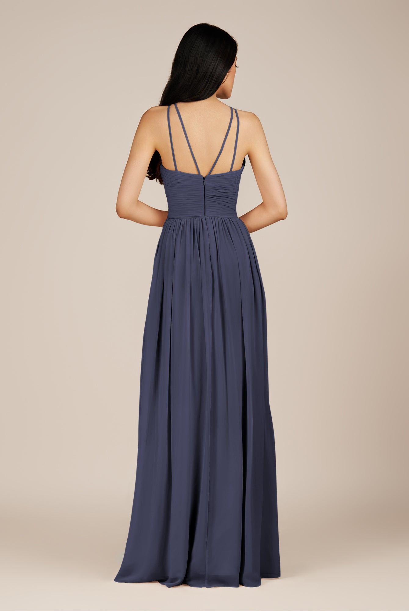 KissDress-Ursa Dusk Blue A Line Chiffon Halter Neck Long Bridesmaid Dress with Pleats
