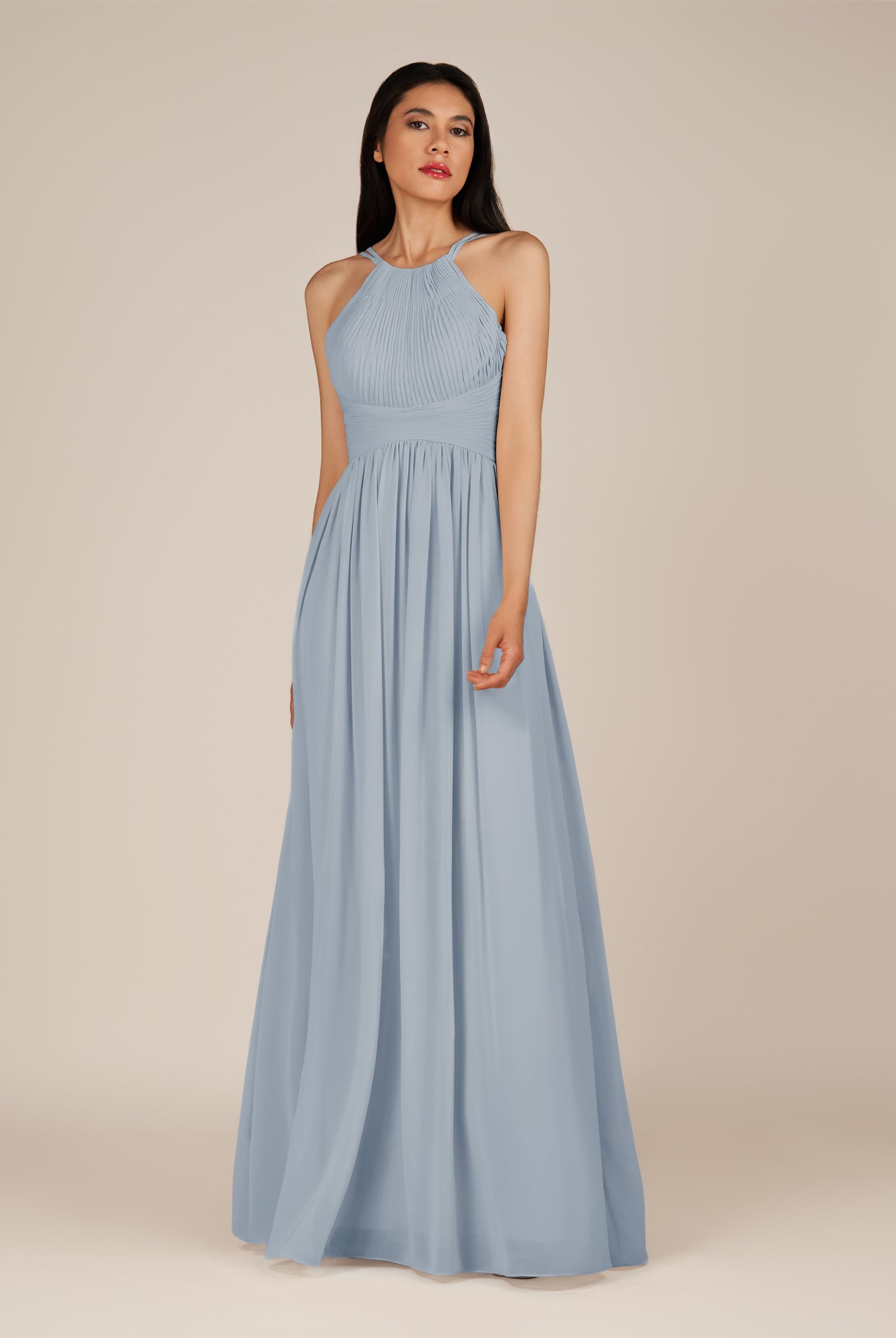 KissDress-Ursa Dusty Blue A Line Chiffon Halter Neck Long Bridesmaid Dress with Pleats