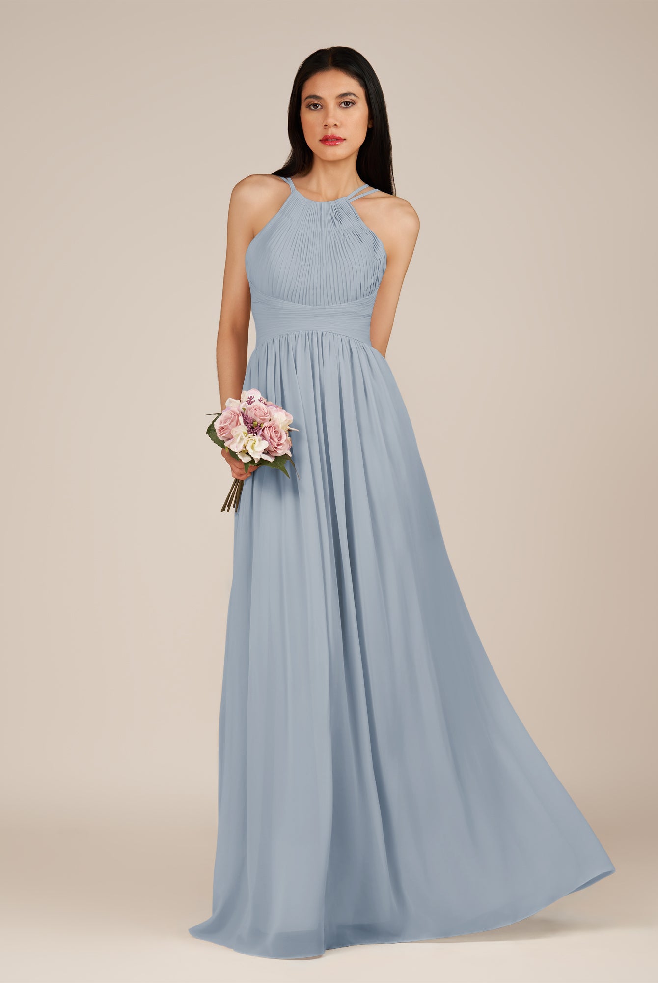 KissDress-Ursa Dusty Blue A Line Chiffon Halter Neck Long Bridesmaid Dress with Pleats