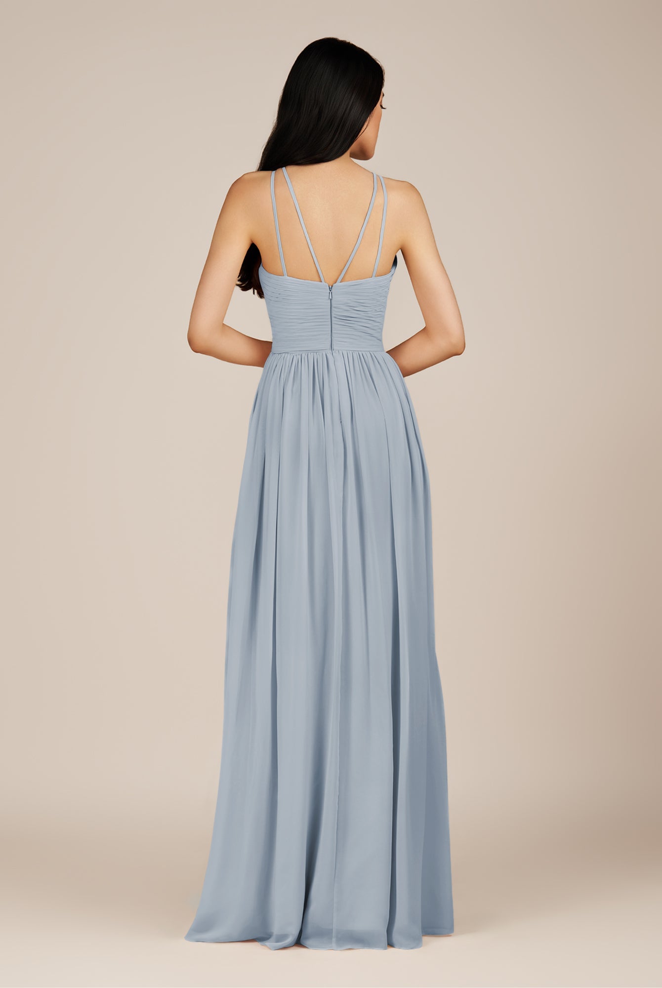 KissDress-Ursa Dusty Blue A Line Chiffon Halter Neck Long Bridesmaid Dress with Pleats
