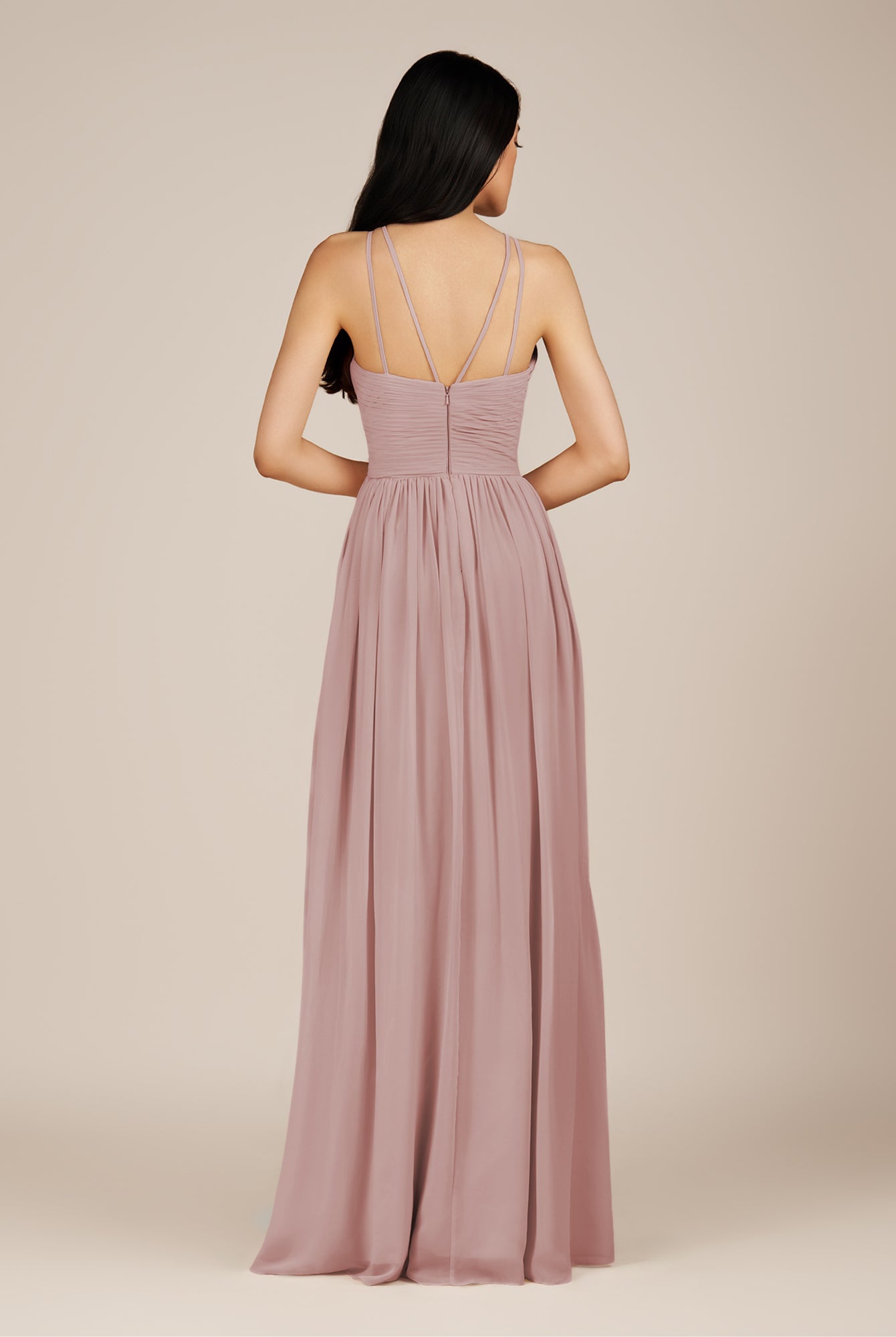 KissDress-Ursa Dusty Rose A Line Chiffon Halter Neck Long Bridesmaid Dress with Pleats