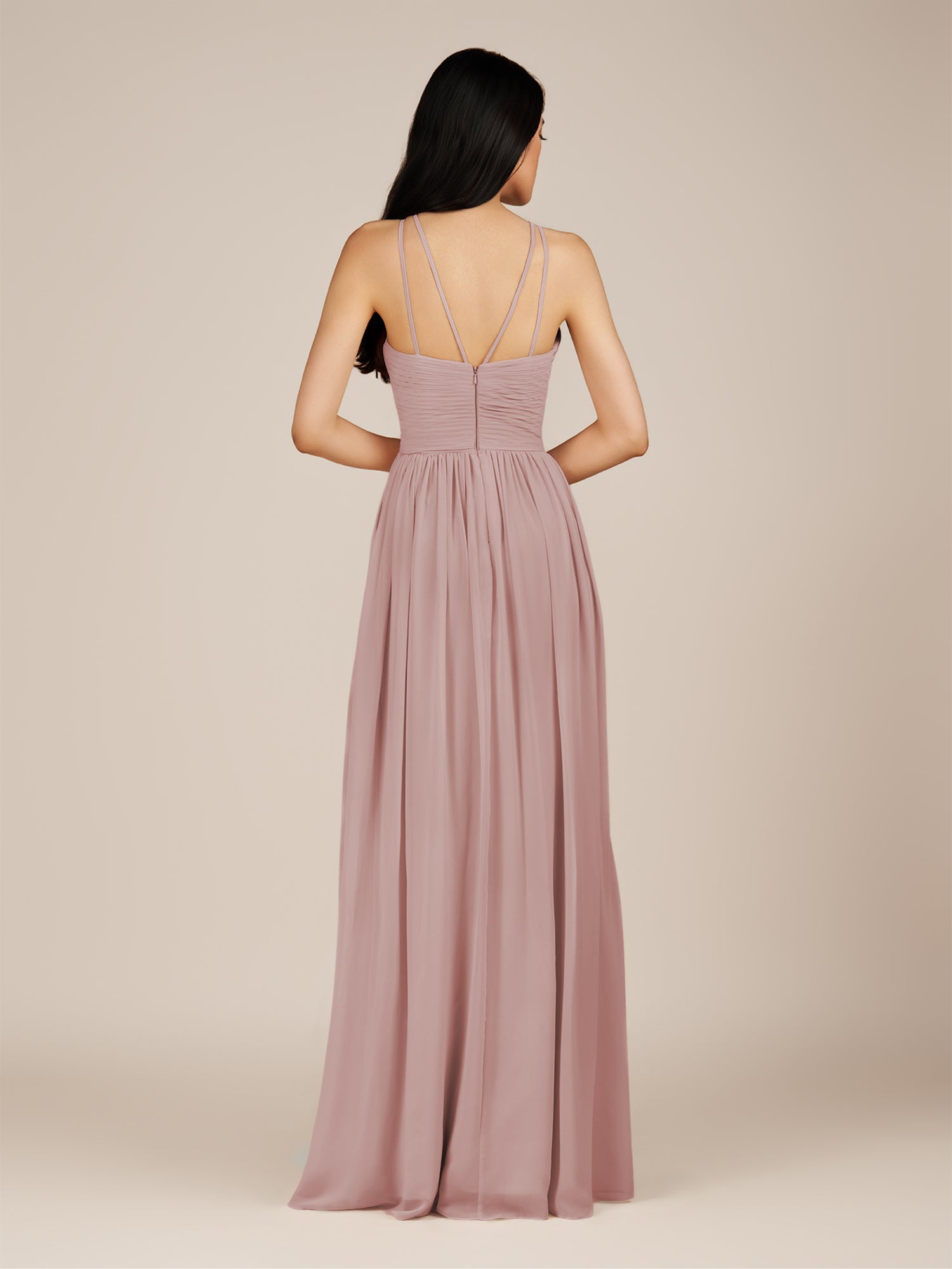 KissDress-Ursa Dusty Rose A Line Chiffon Halter Neck Long Bridesmaid Dress with Pleats