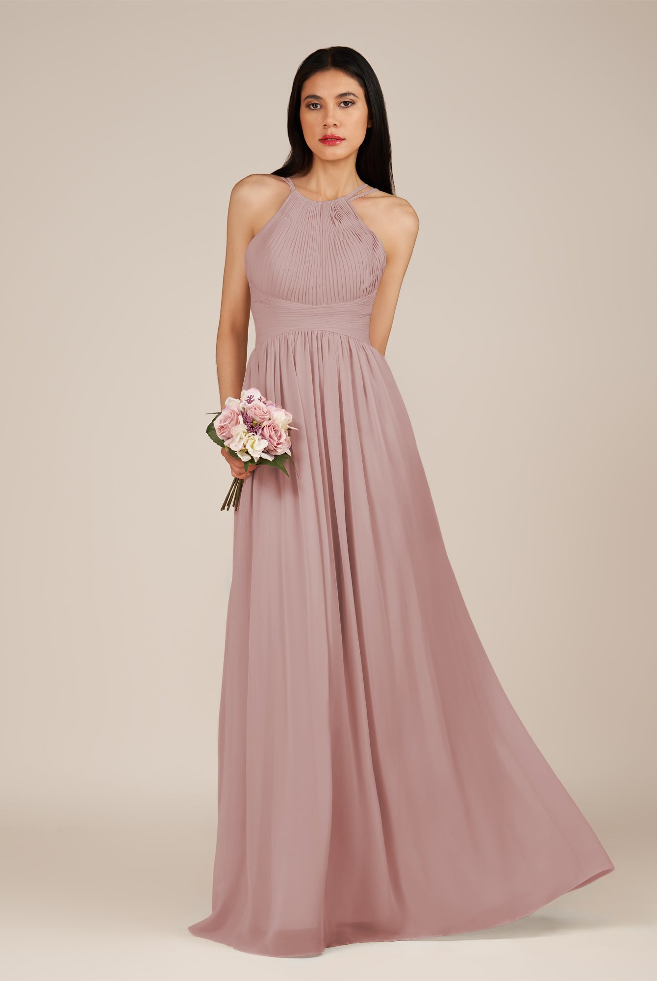 KissDress-Ursa Dusty Rose A Line Chiffon Halter Neck Long Bridesmaid Dress with Pleats