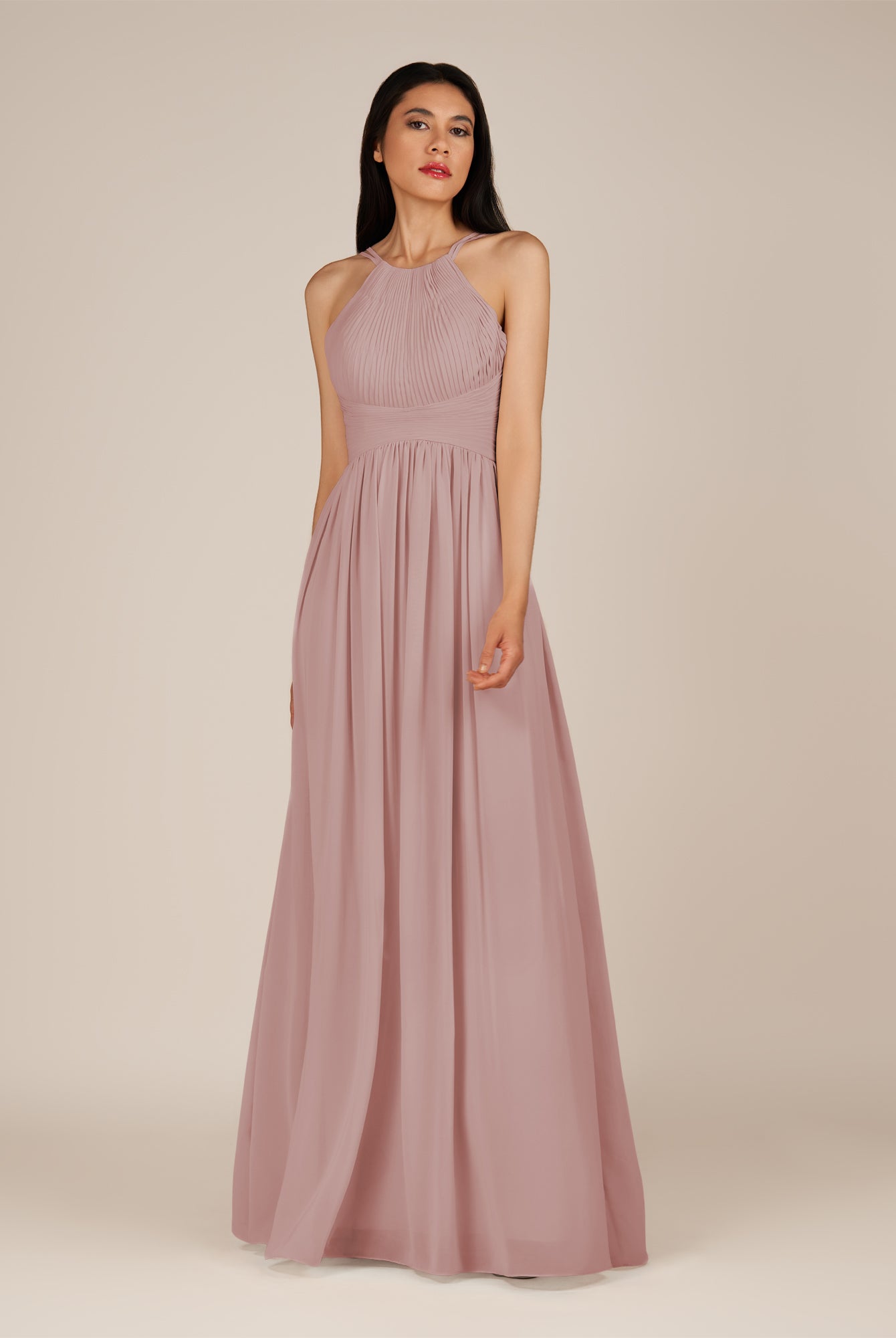 KissDress-Ursa Dusty Rose A Line Chiffon Halter Neck Long Bridesmaid Dress with Pleats
