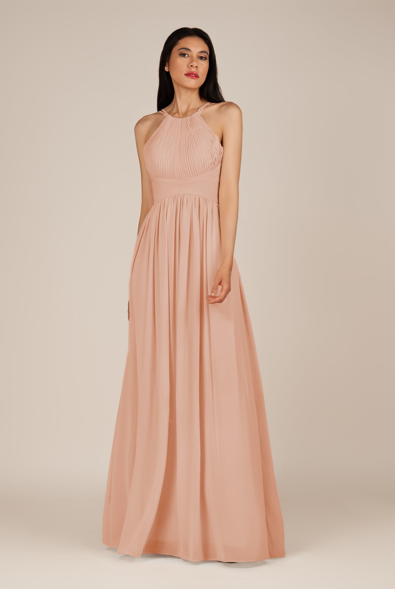 KissDress-Ursa English Rose A Line Chiffon Halter Neck Long Bridesmaid Dress with Pleats