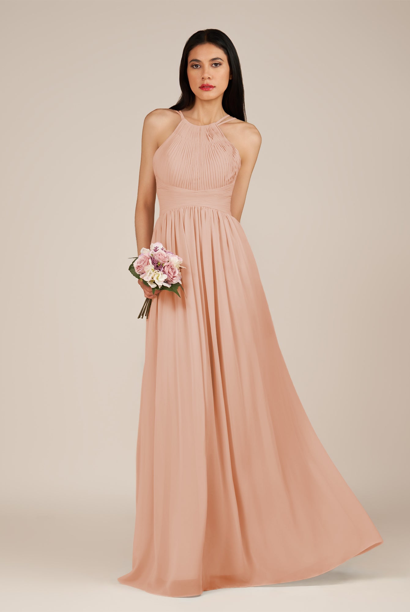 KissDress-Ursa English Rose A Line Chiffon Halter Neck Long Bridesmaid Dress with Pleats