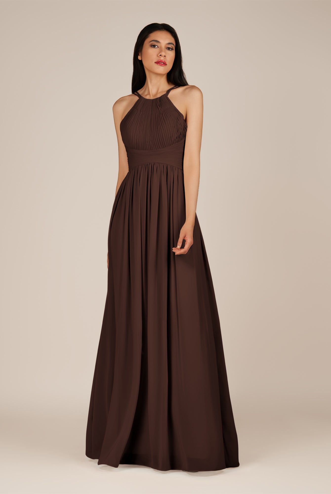 KissDress-Ursa Espresso A Line Chiffon Halter Neck Long Bridesmaid Dress with Pleats