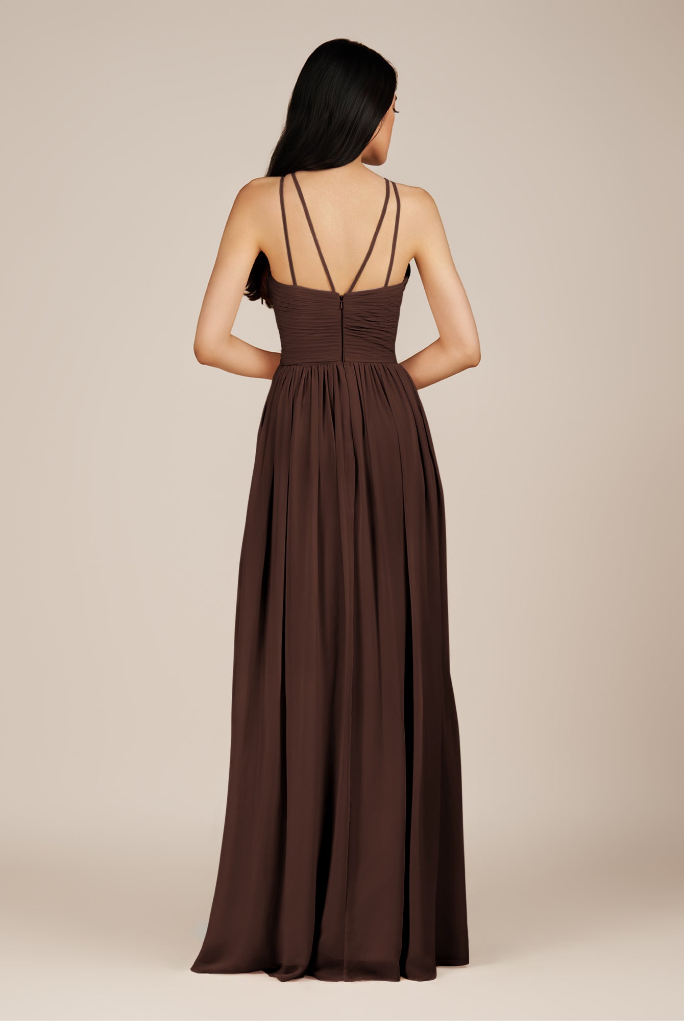 KissDress-Ursa Espresso A Line Chiffon Halter Neck Long Bridesmaid Dress with Pleats