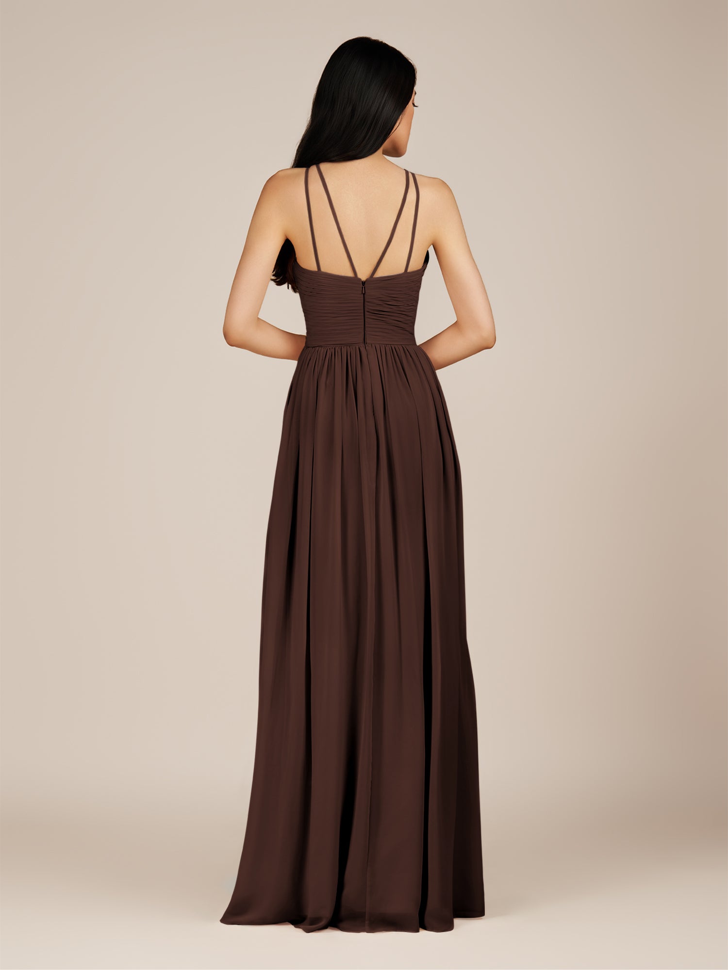 KissDress-Ursa Espresso A Line Chiffon Halter Neck Long Bridesmaid Dress with Pleats
