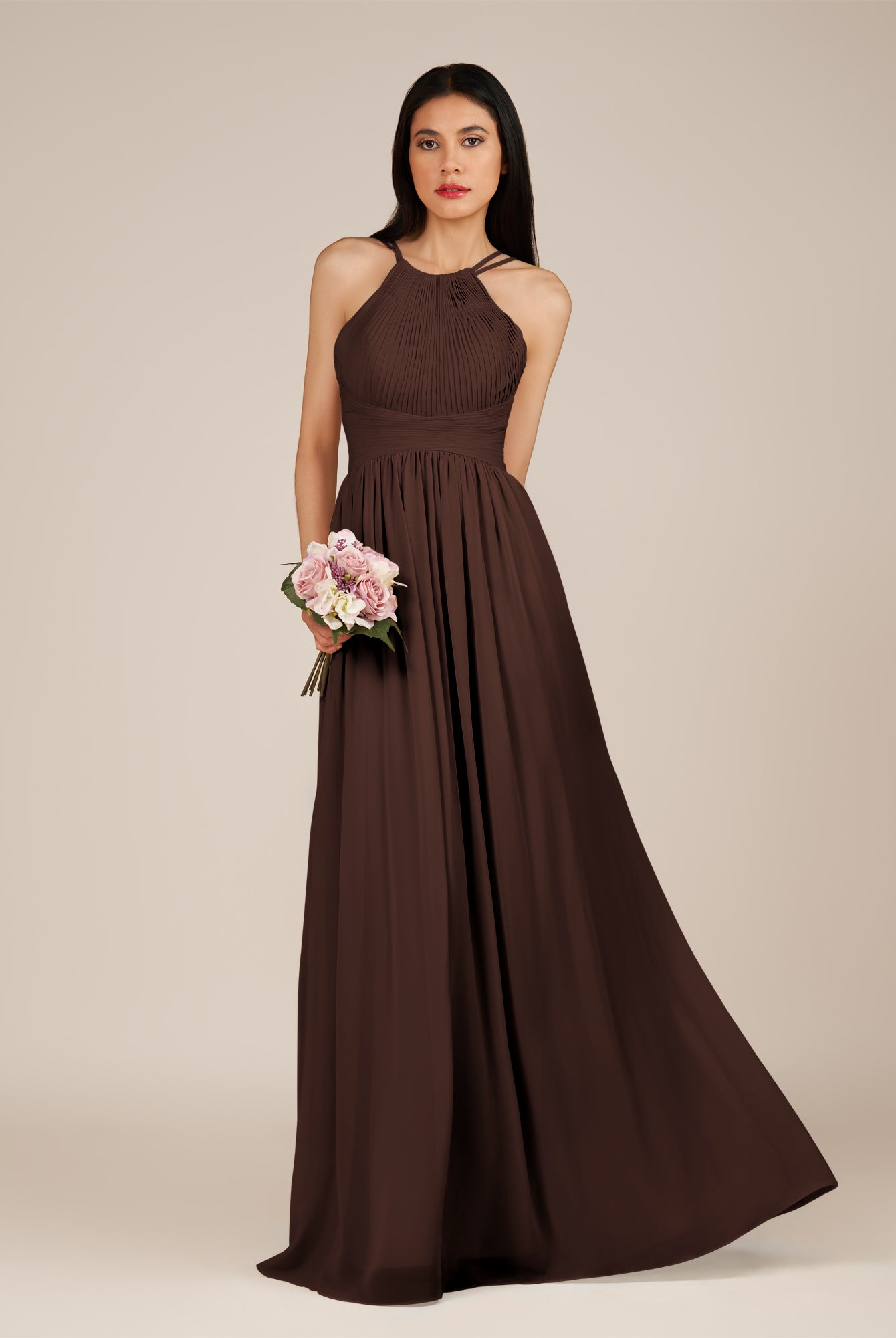 KissDress-Ursa Espresso A Line Chiffon Halter Neck Long Bridesmaid Dress with Pleats
