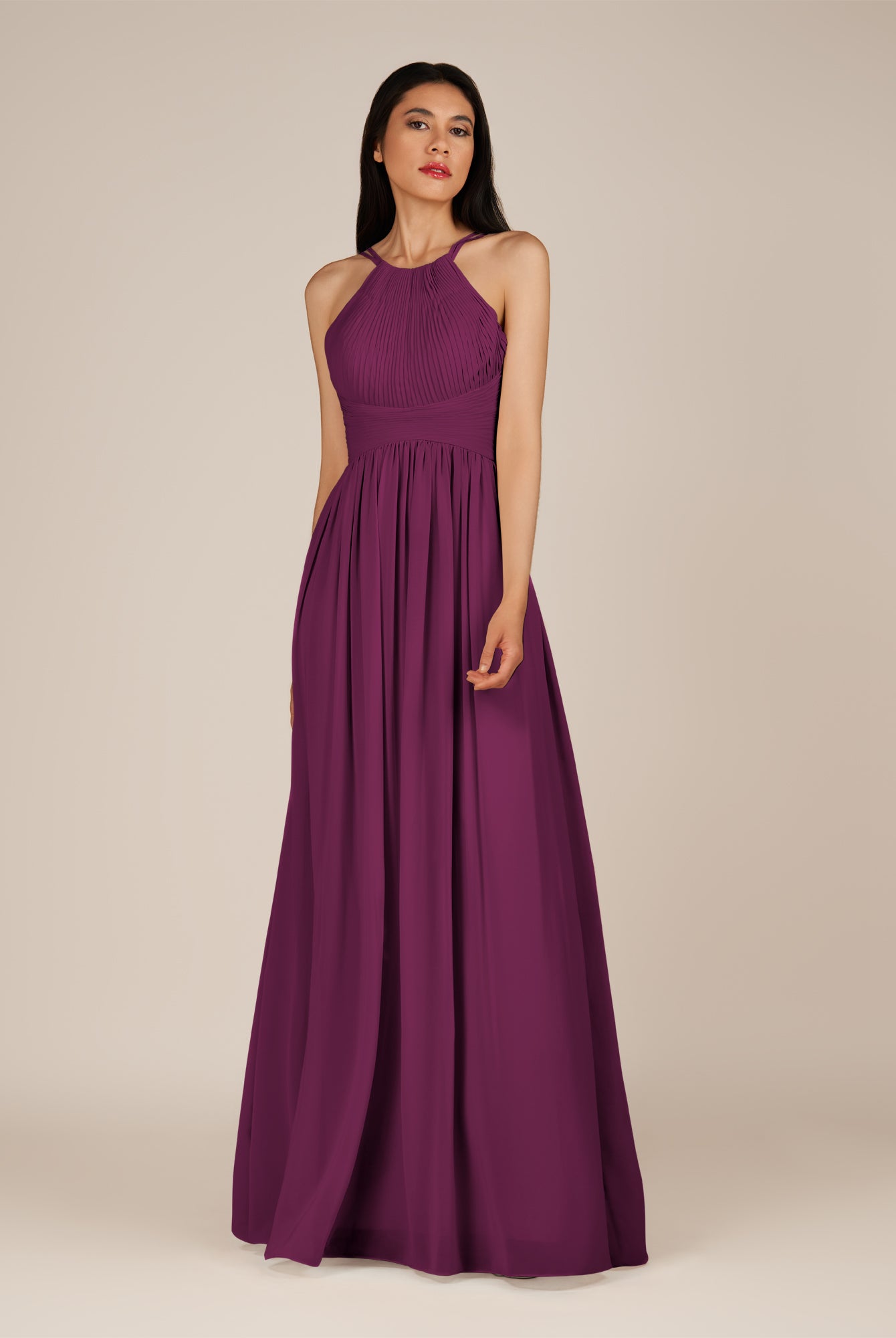 KissDress-Ursa Fig A Line Chiffon Halter Neck Long Bridesmaid Dress with Pleats