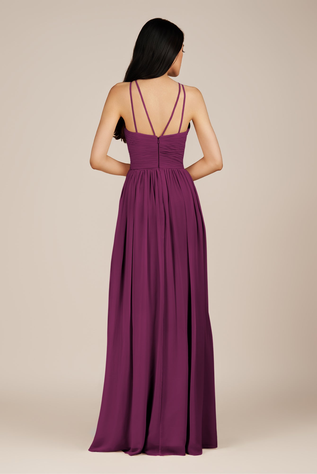 KissDress-Ursa Fig A Line Chiffon Halter Neck Long Bridesmaid Dress with Pleats