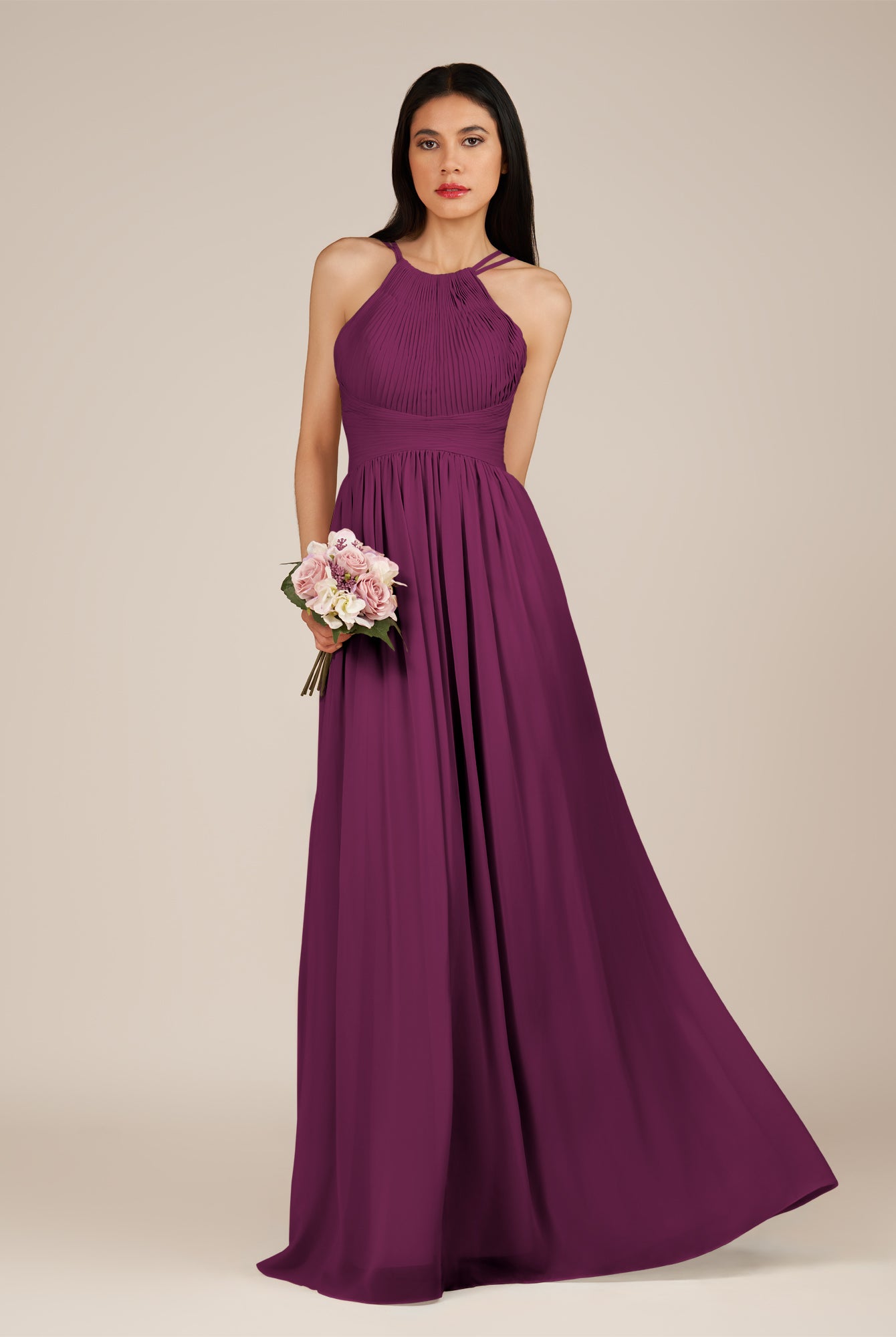 KissDress-Ursa Fig A Line Chiffon Halter Neck Long Bridesmaid Dress with Pleats
