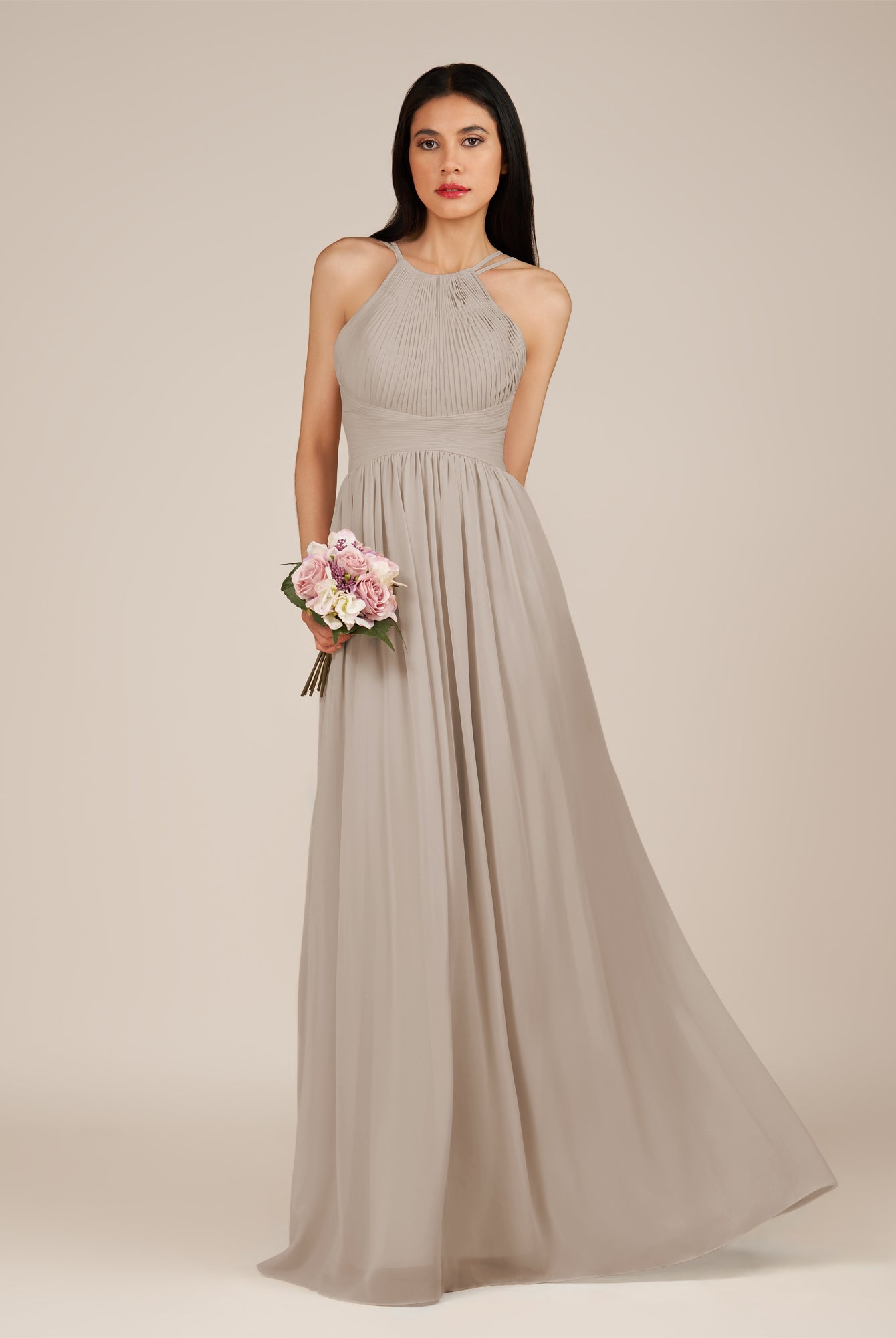KissDress-Ursa Frost A Line Chiffon Halter Neck Long Bridesmaid Dress with Pleats
