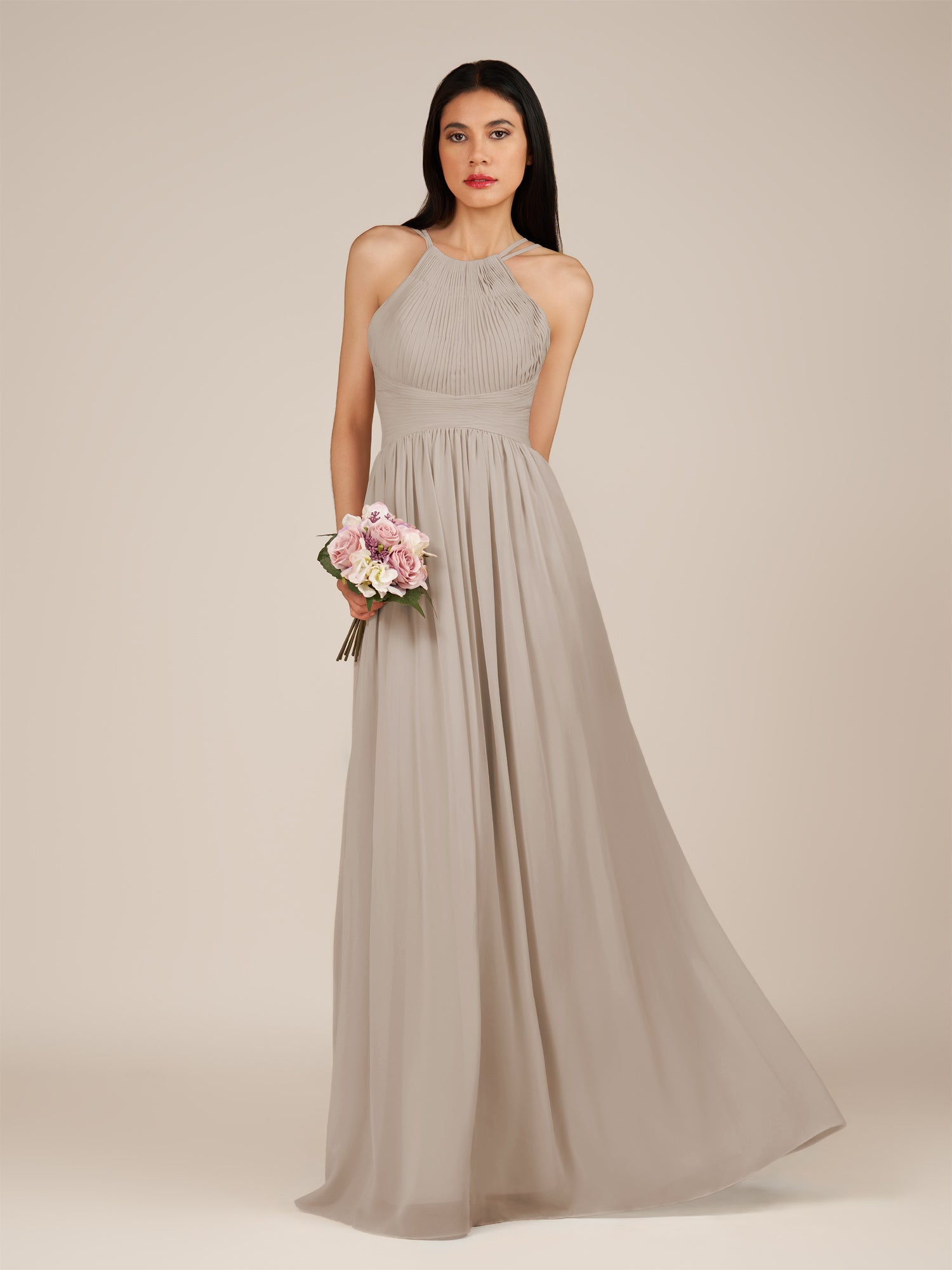 KissDress-Ursa Frost A Line Chiffon Halter Neck Long Bridesmaid Dress with Pleats