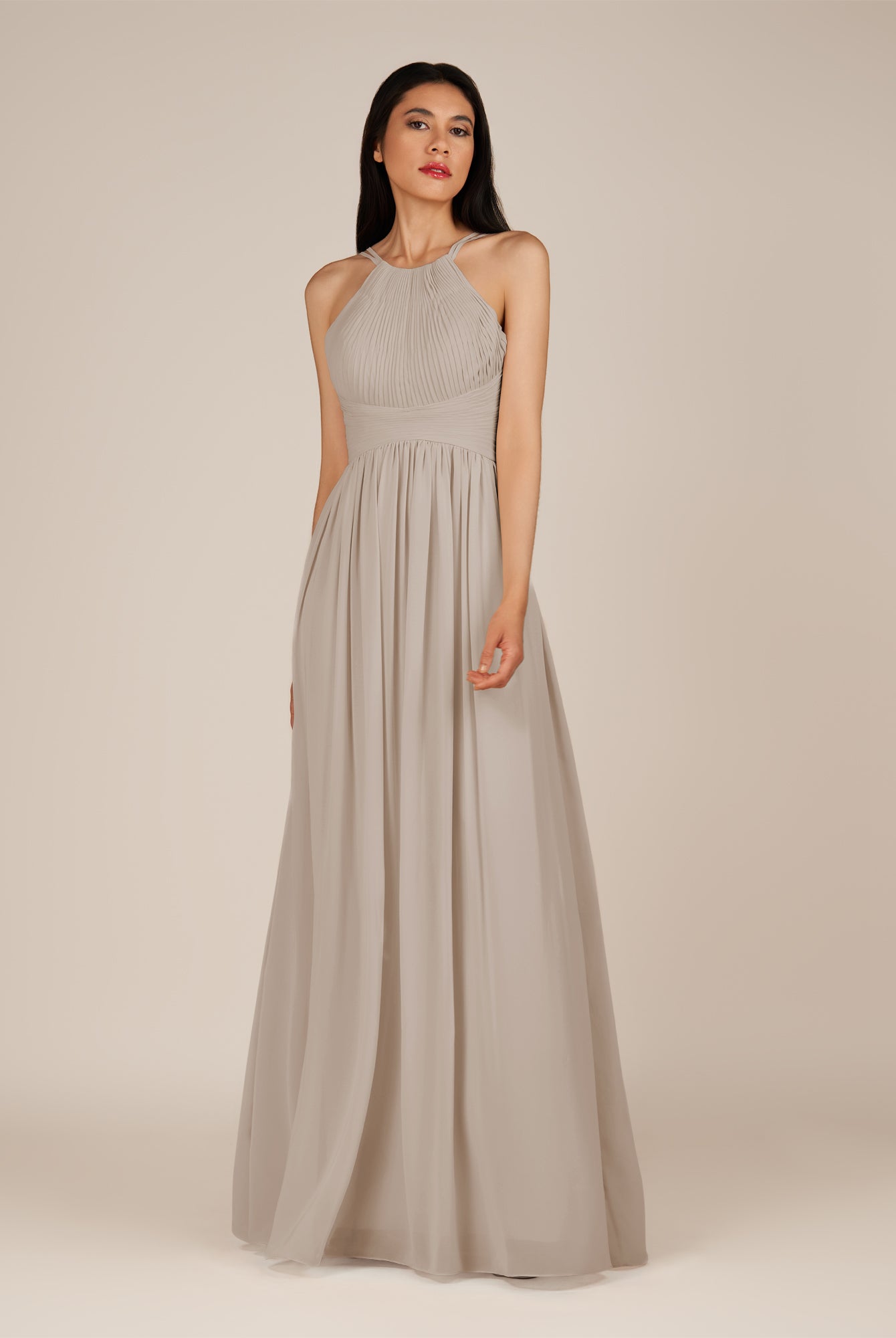 KissDress-Ursa Frost A Line Chiffon Halter Neck Long Bridesmaid Dress with Pleats