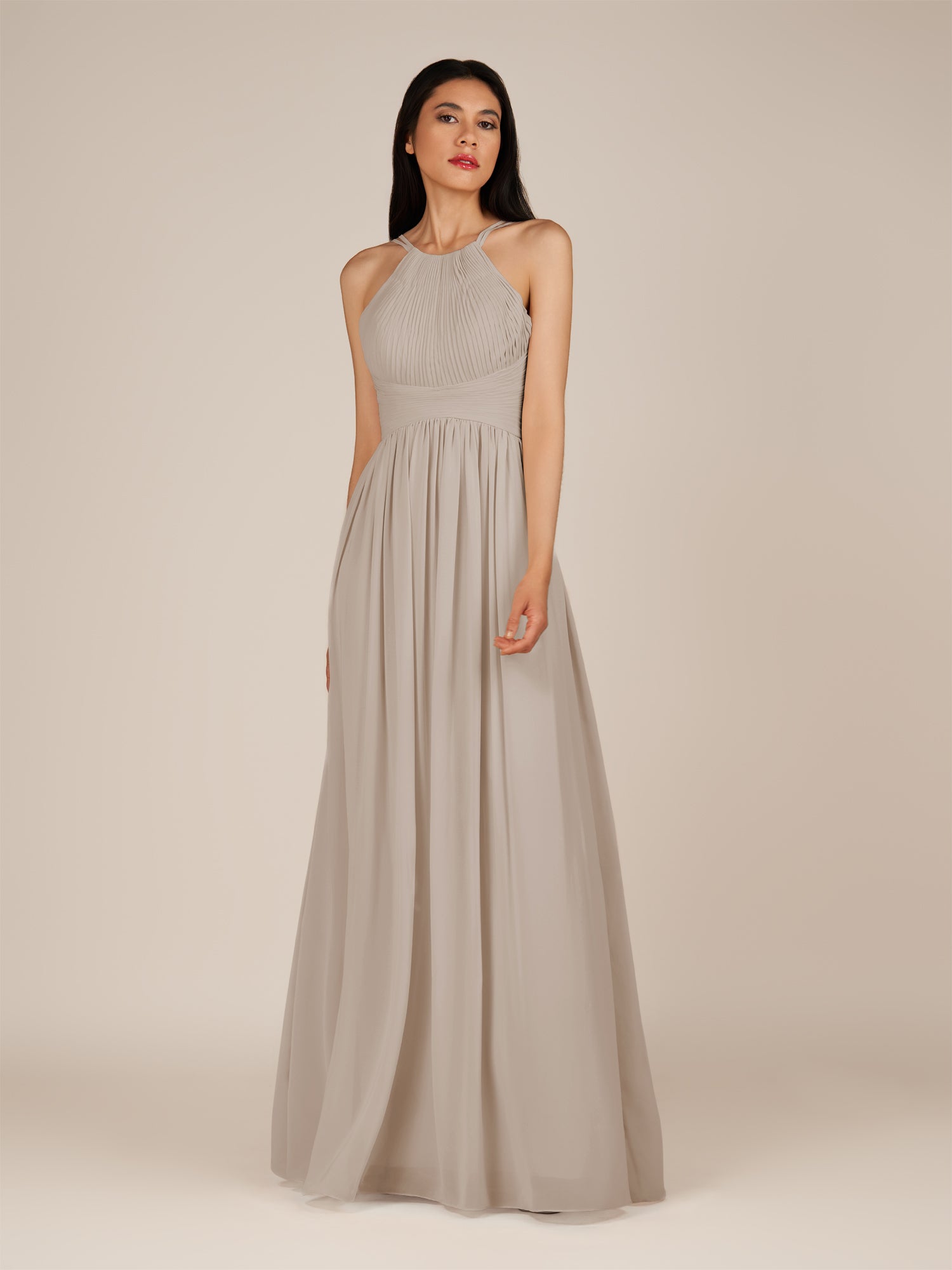 KissDress-Ursa Frost A Line Chiffon Halter Neck Long Bridesmaid Dress with Pleats