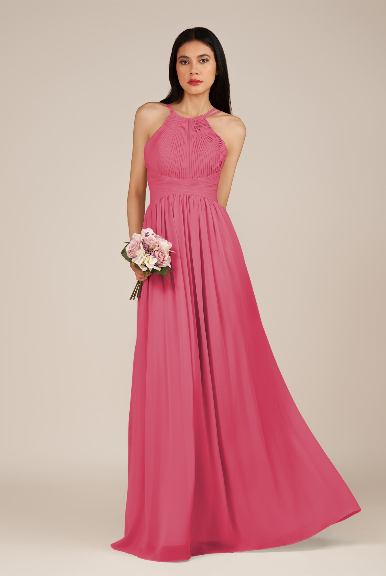 KissDress-Ursa Fuchsia A Line Chiffon Halter Neck Long Bridesmaid Dress with Pleats