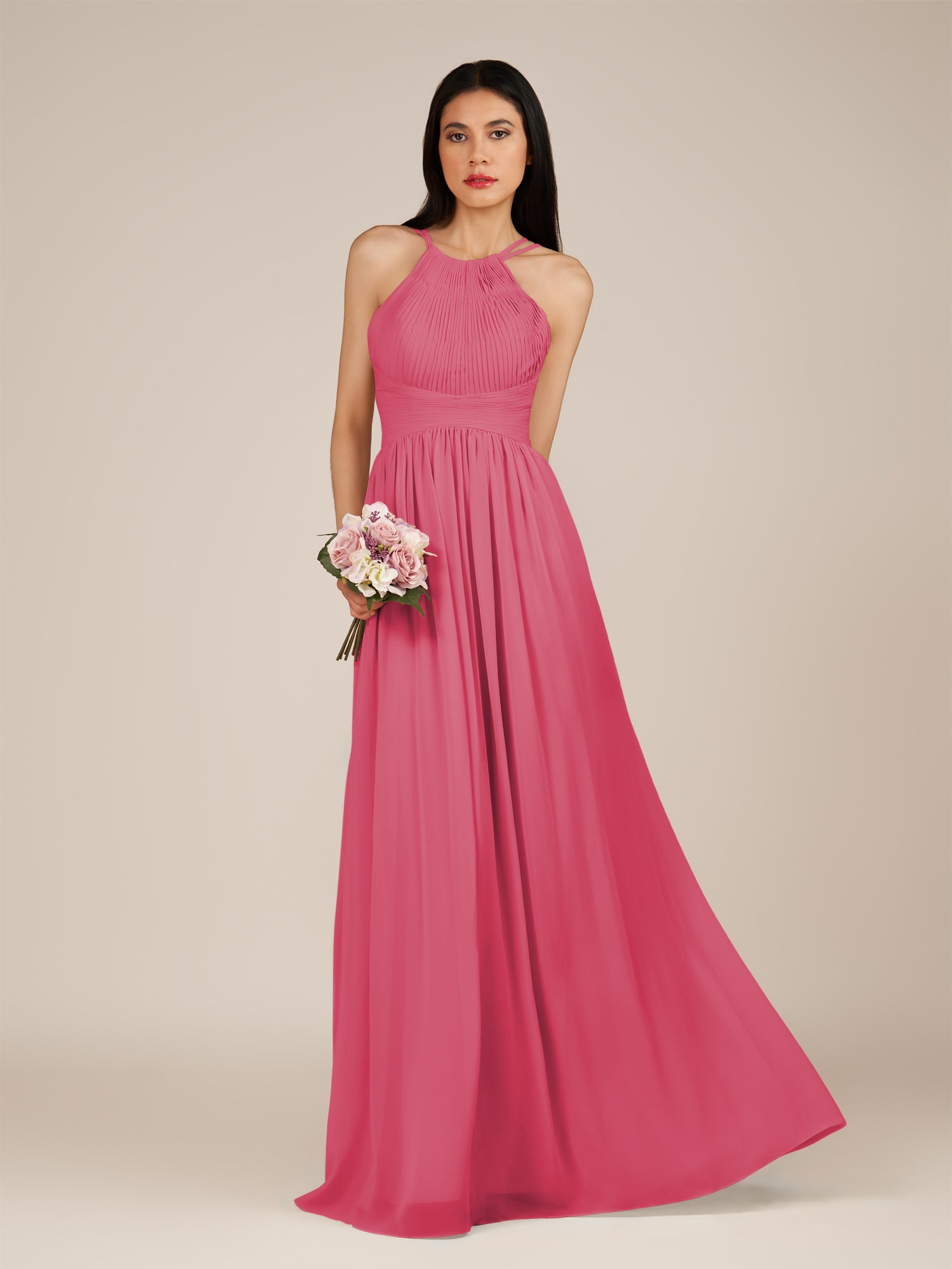 KissDress-Ursa Fuchsia A Line Chiffon Halter Neck Long Bridesmaid Dress with Pleats