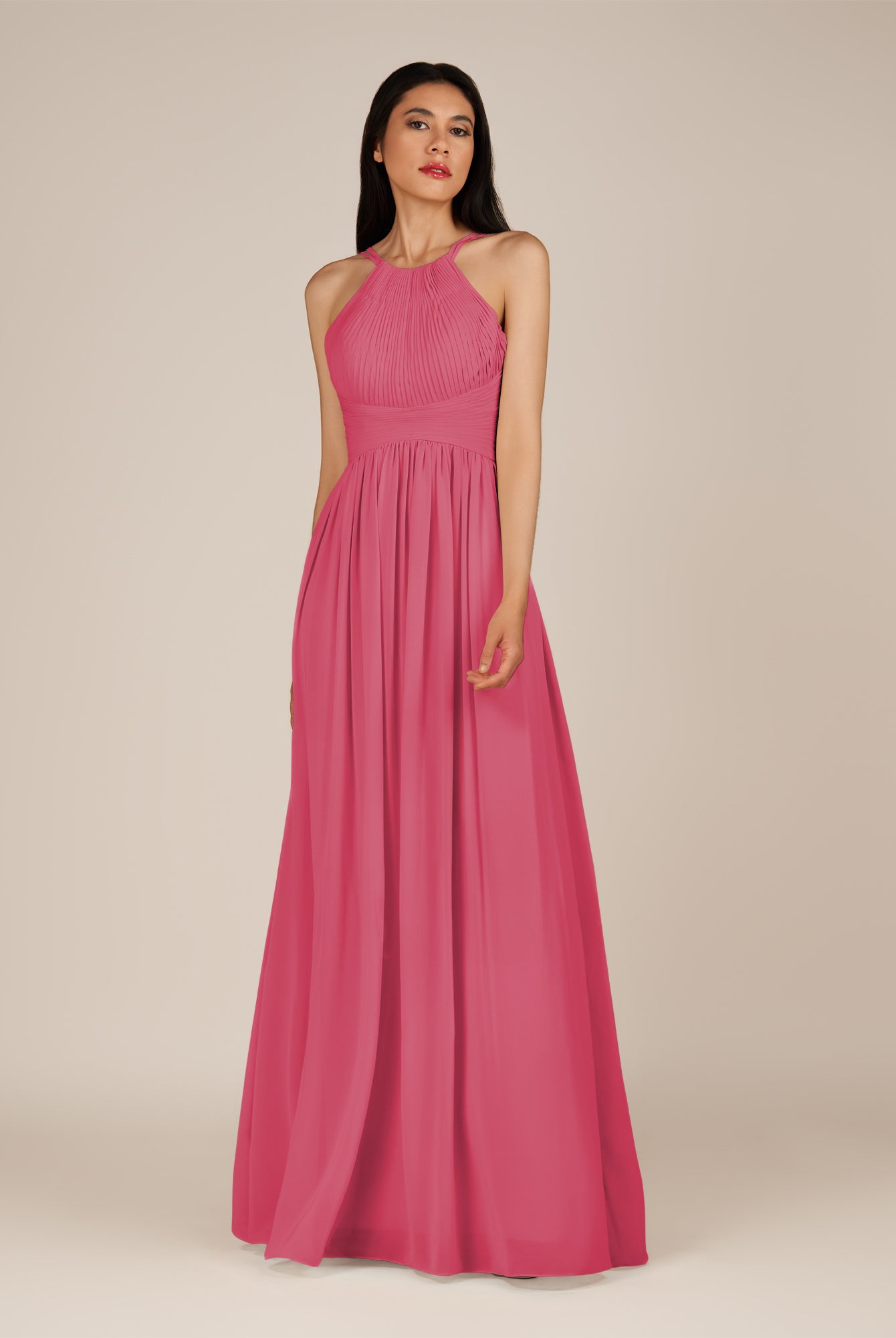 KissDress-Ursa Fuchsia A Line Chiffon Halter Neck Long Bridesmaid Dress with Pleats
