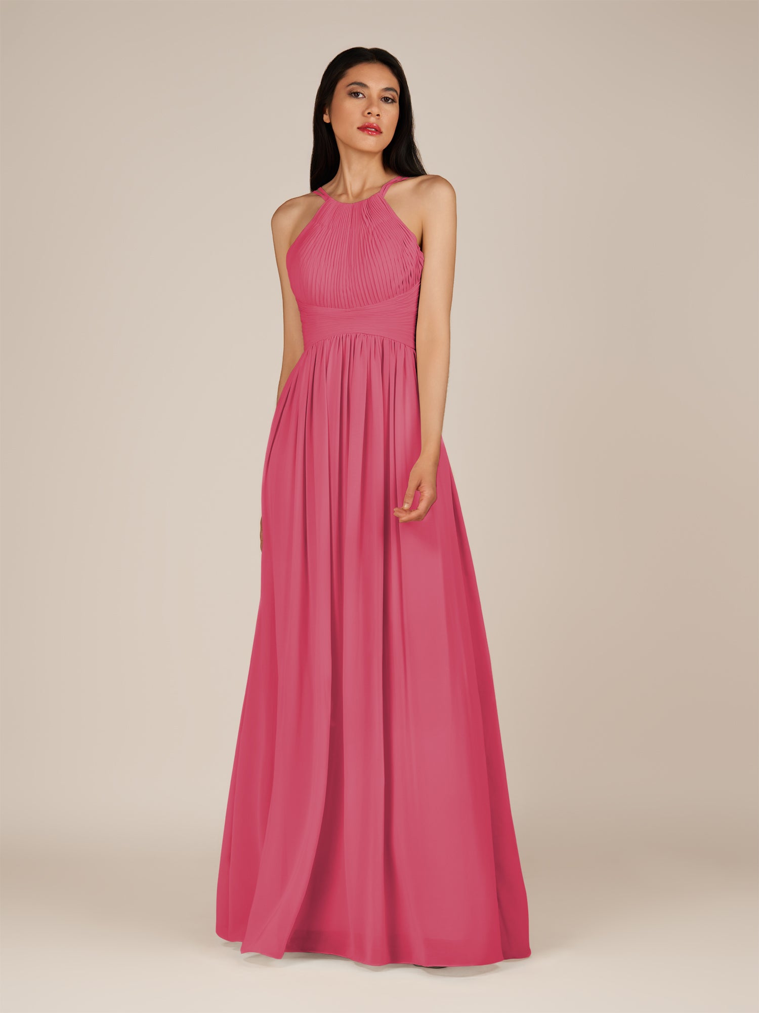 KissDress-Ursa Fuchsia A Line Chiffon Halter Neck Long Bridesmaid Dress with Pleats