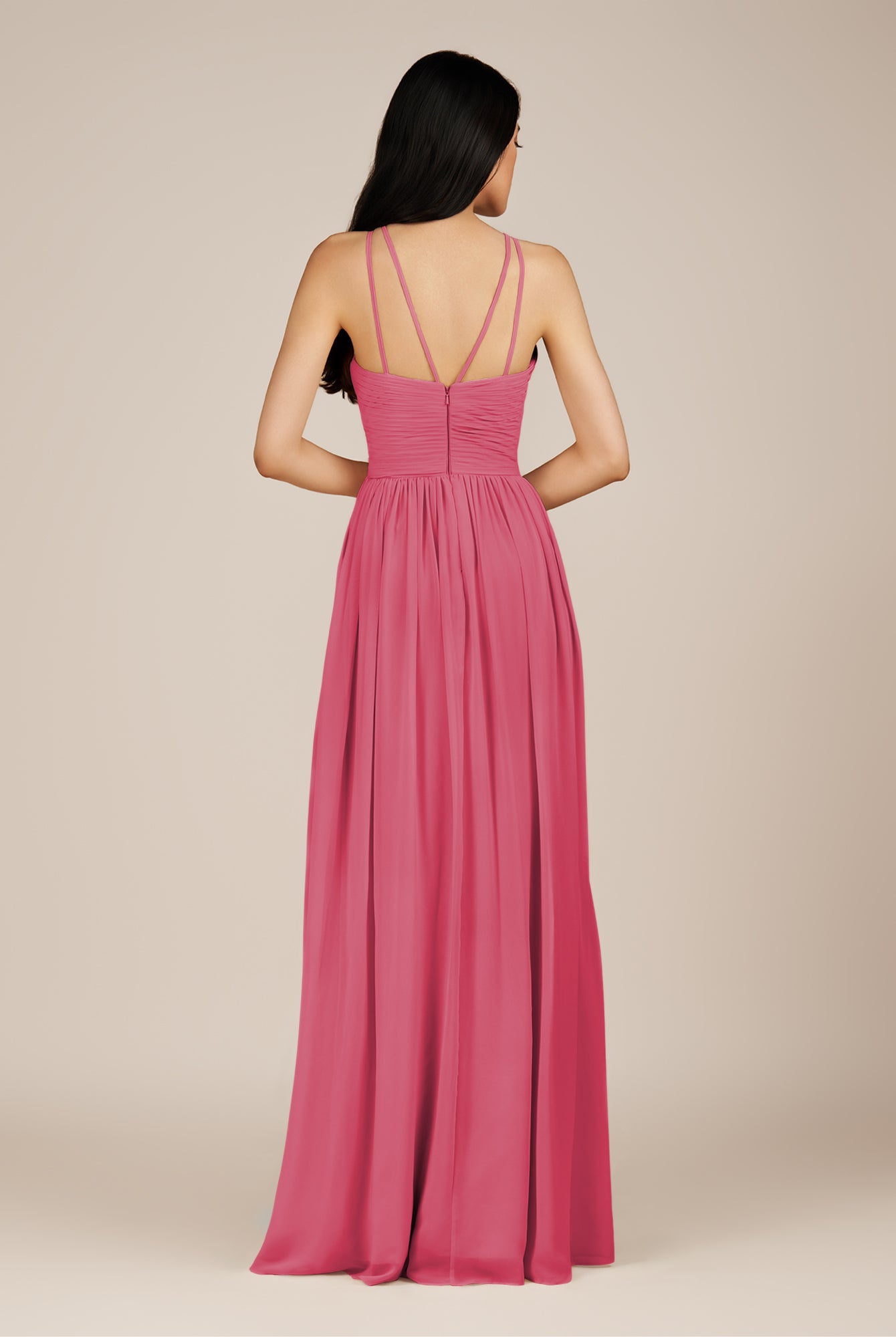 KissDress-Ursa Fuchsia A Line Chiffon Halter Neck Long Bridesmaid Dress with Pleats
