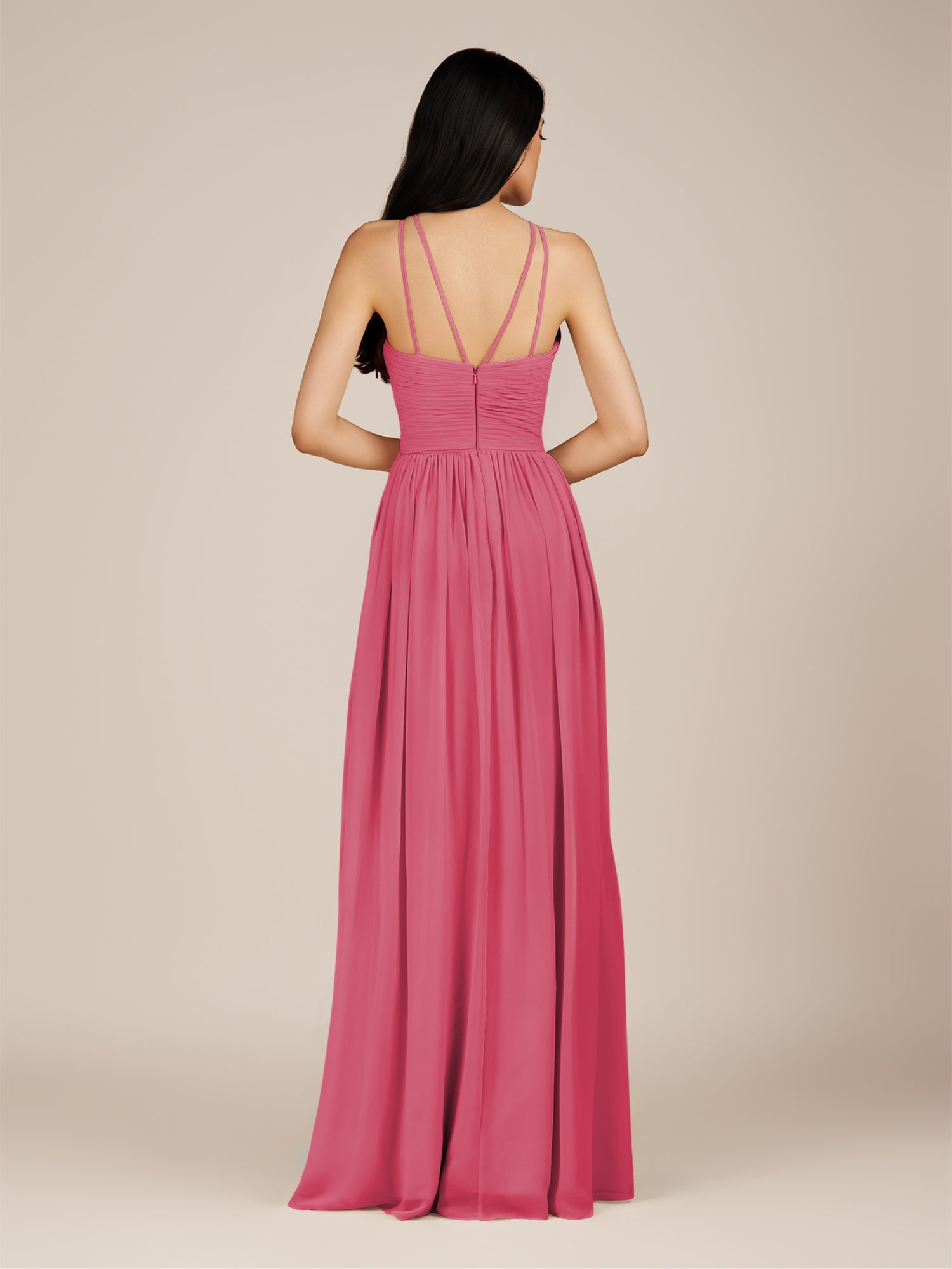 KissDress-Ursa Fuchsia A Line Chiffon Halter Neck Long Bridesmaid Dress with Pleats