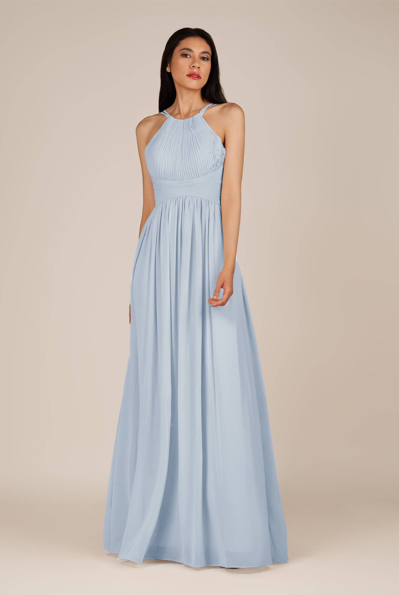 KissDress-Ursa Ice A Line Chiffon Halter Neck Long Bridesmaid Dress with Pleats
