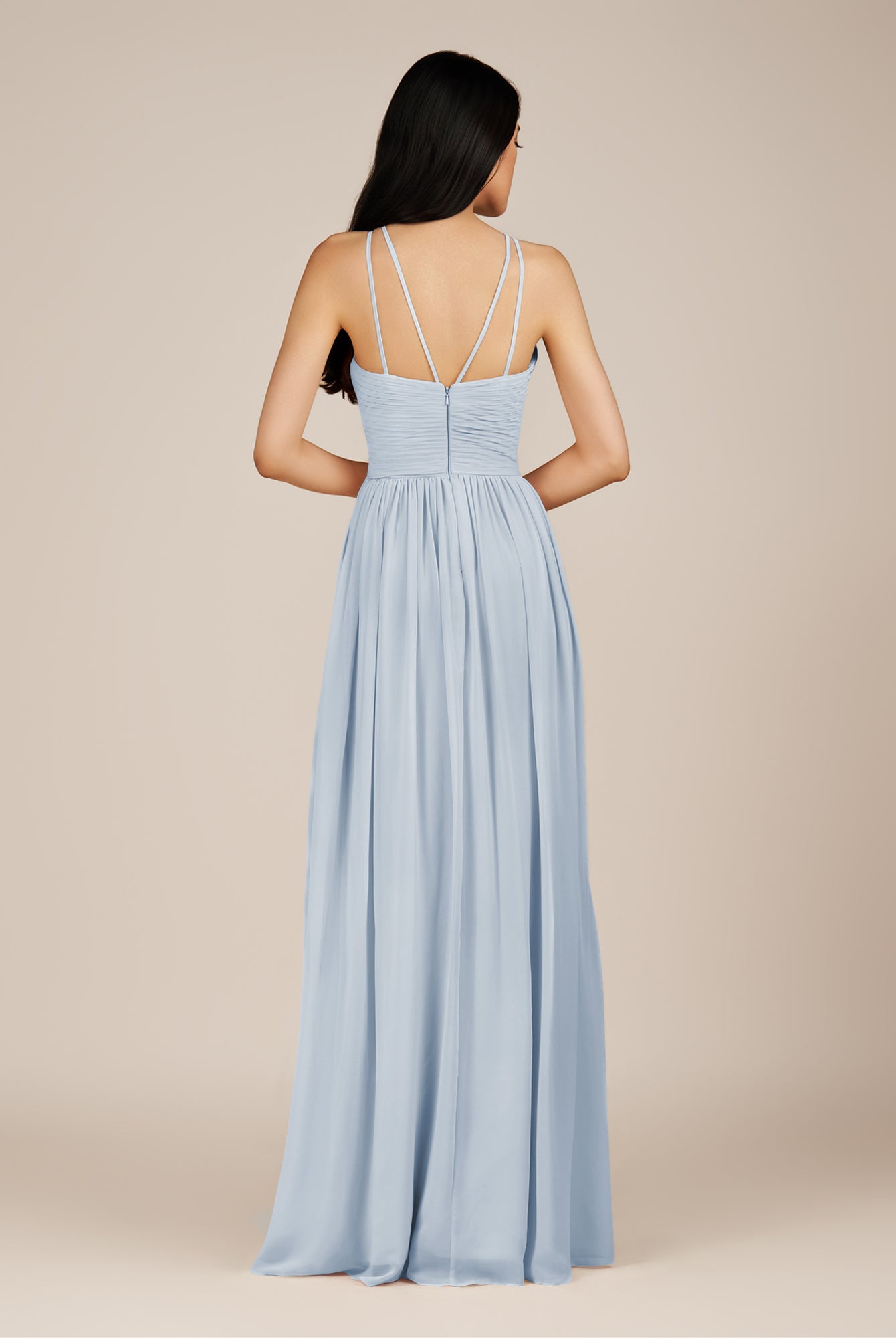 KissDress-Ursa Ice A Line Chiffon Halter Neck Long Bridesmaid Dress with Pleats
