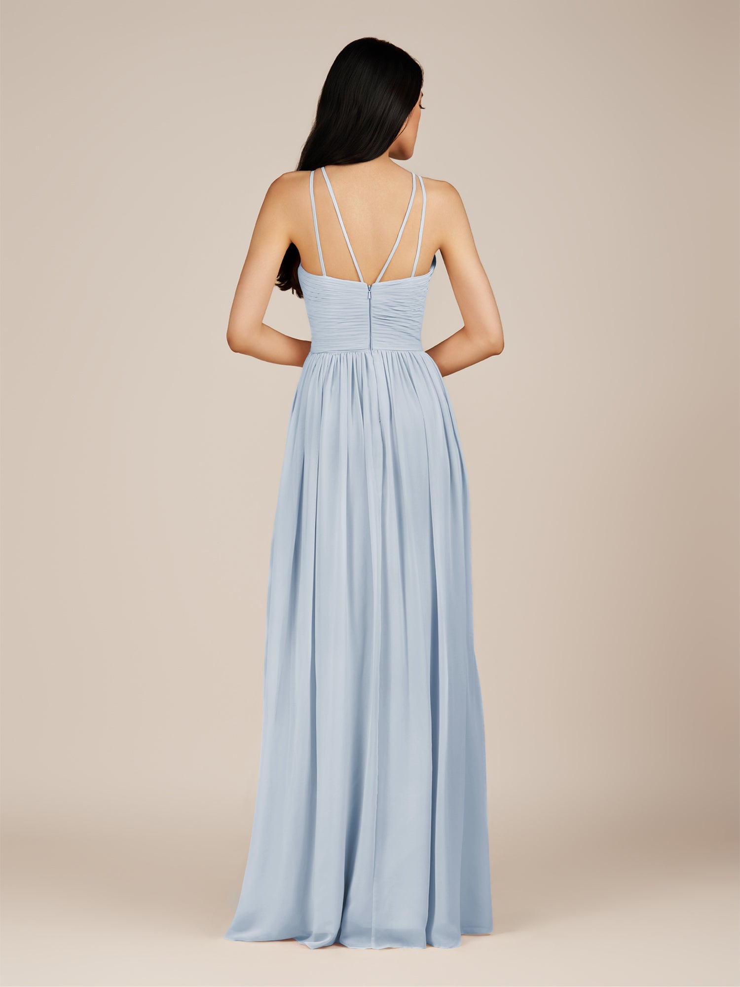 KissDress-Ursa Ice A Line Chiffon Halter Neck Long Bridesmaid Dress with Pleats