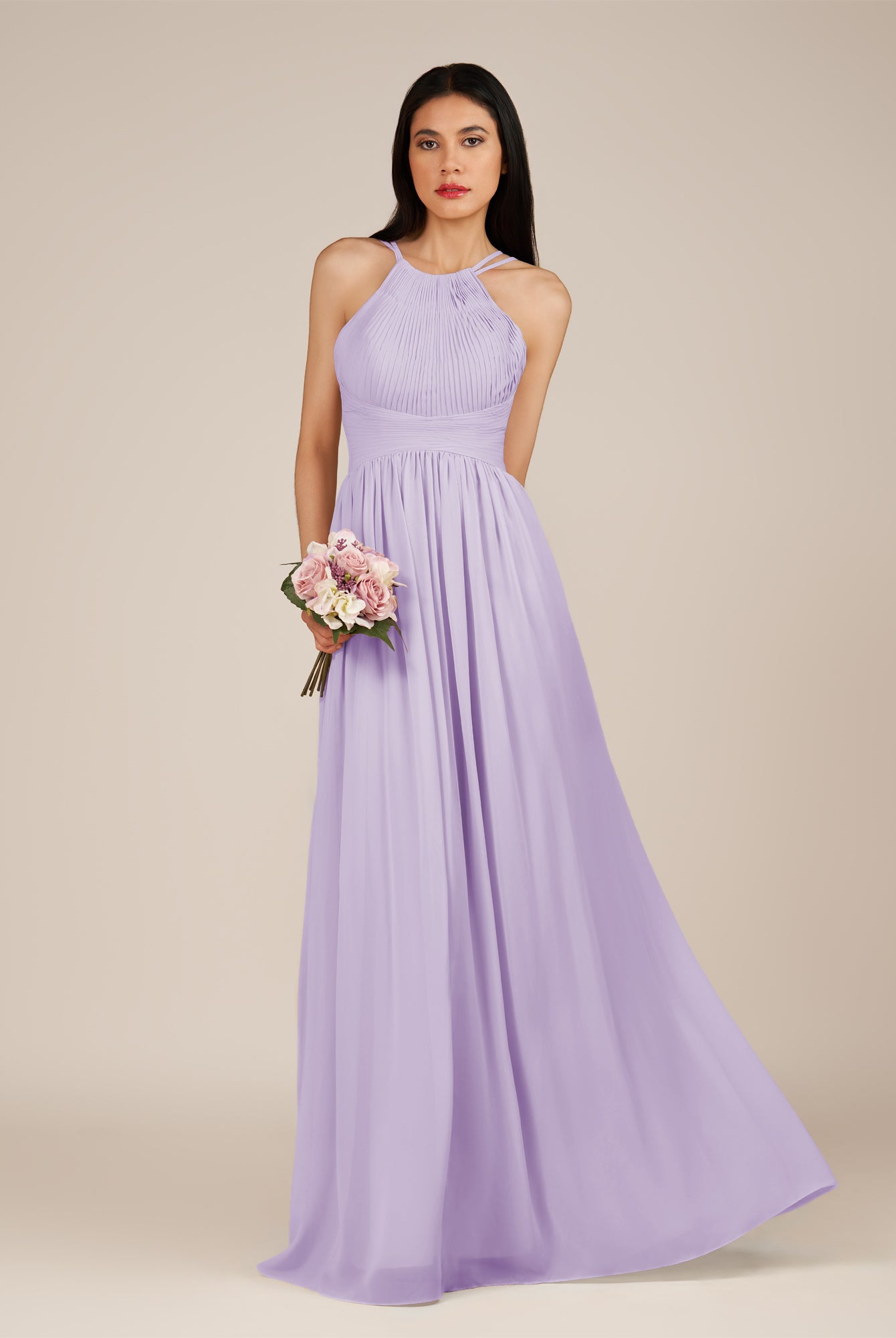 KissDress-Ursa Lavender A Line Chiffon Halter Neck Long Bridesmaid Dress with Pleats