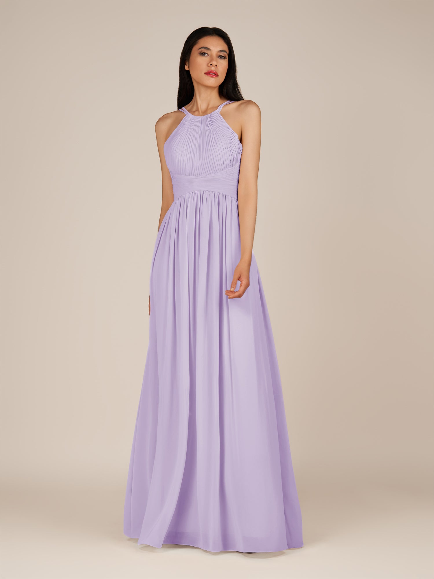 KissDress-Ursa Lavender A Line Chiffon Halter Neck Long Bridesmaid Dress with Pleats