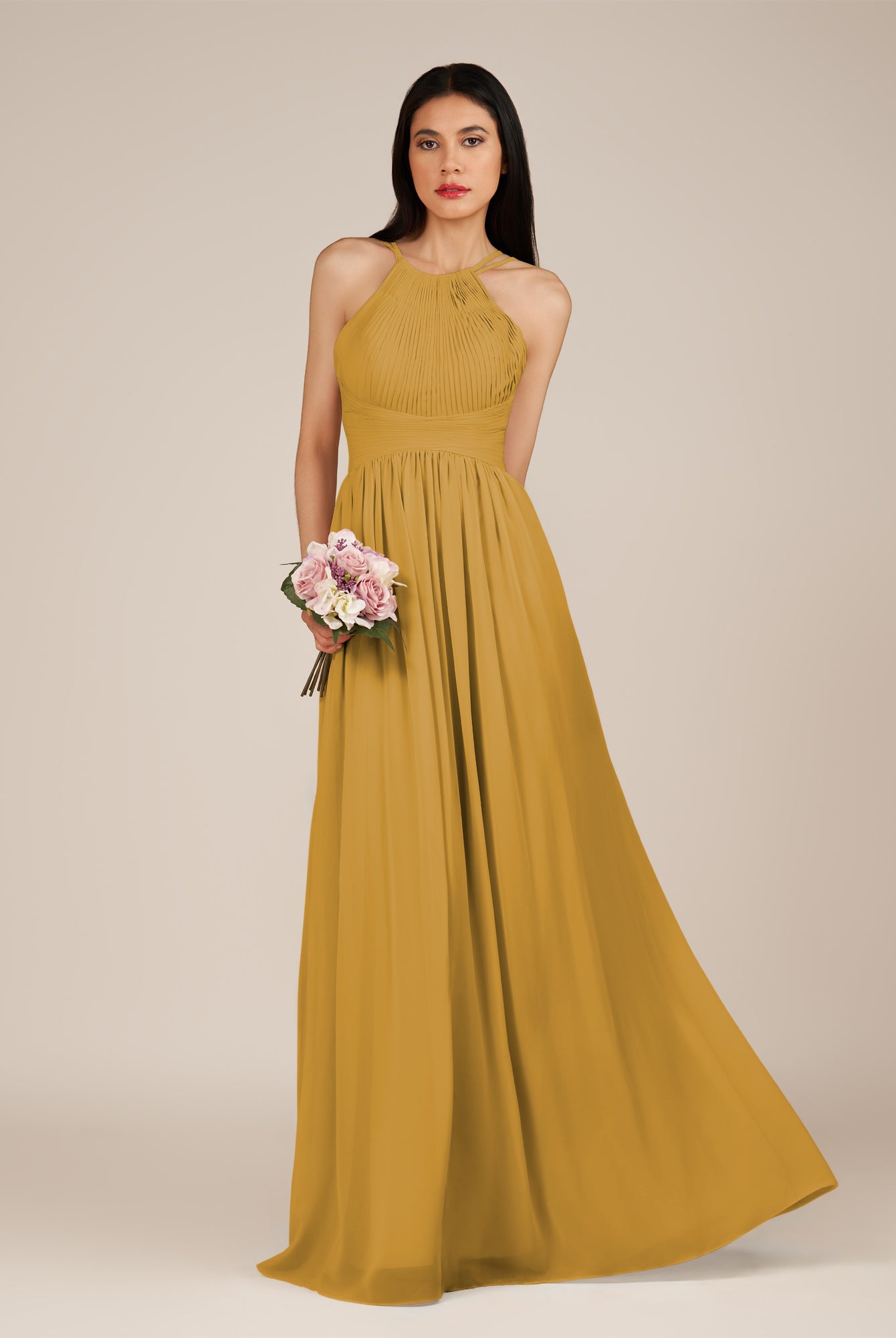 KissDress-Ursa Marigold A Line Chiffon Halter Neck Long Bridesmaid Dress with Pleats