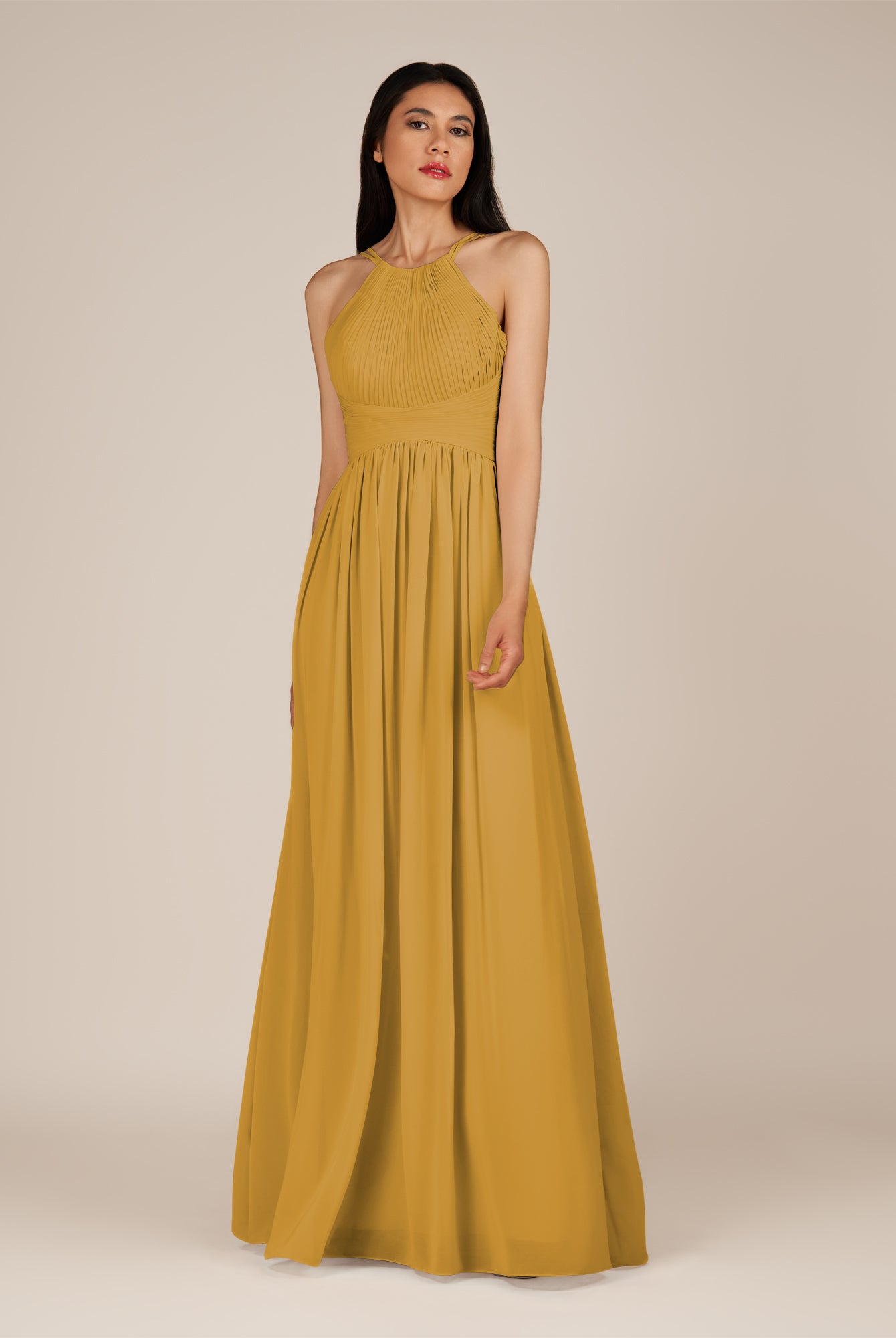KissDress-Ursa Marigold A Line Chiffon Halter Neck Long Bridesmaid Dress with Pleats