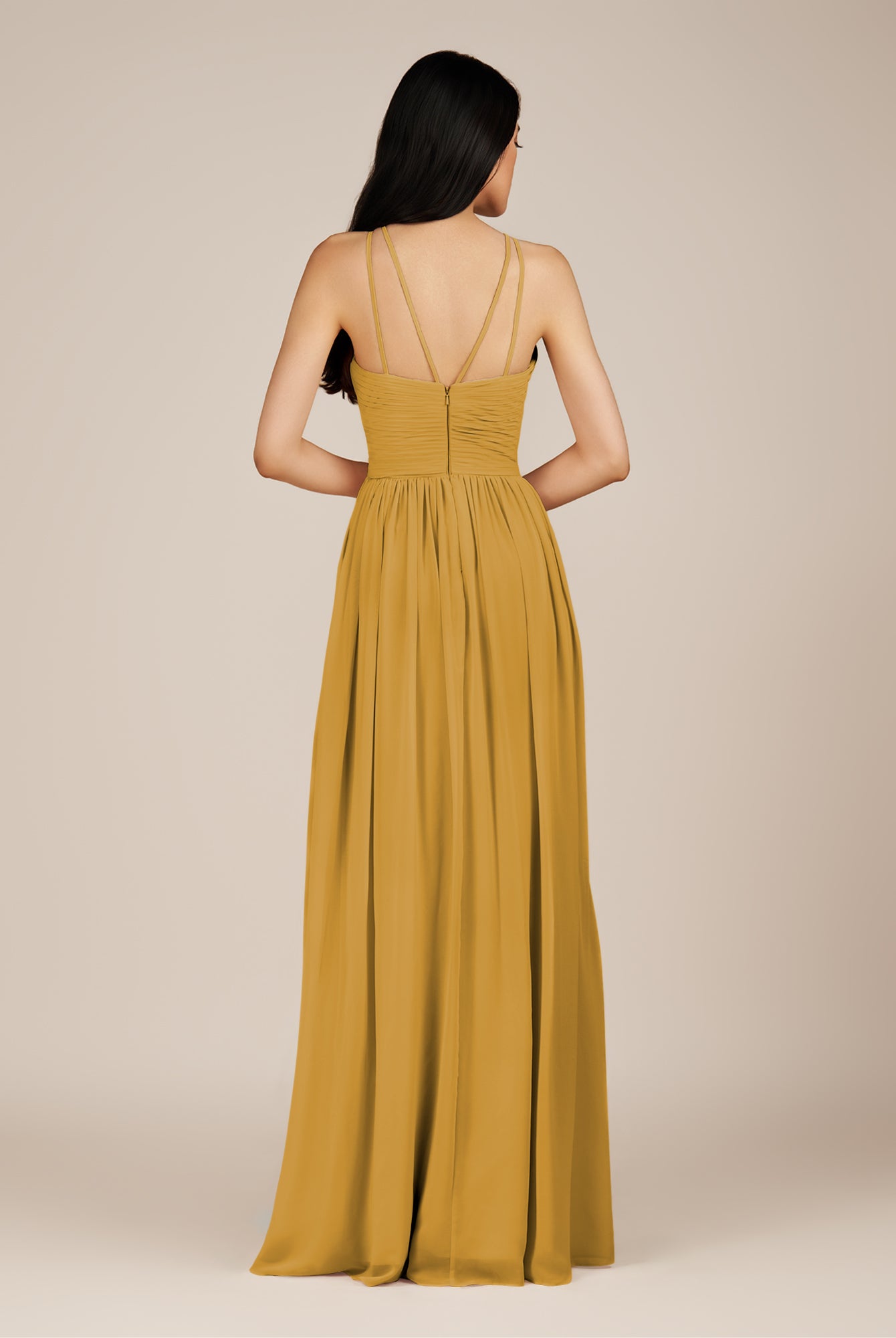 KissDress-Ursa Marigold A Line Chiffon Halter Neck Long Bridesmaid Dress with Pleats