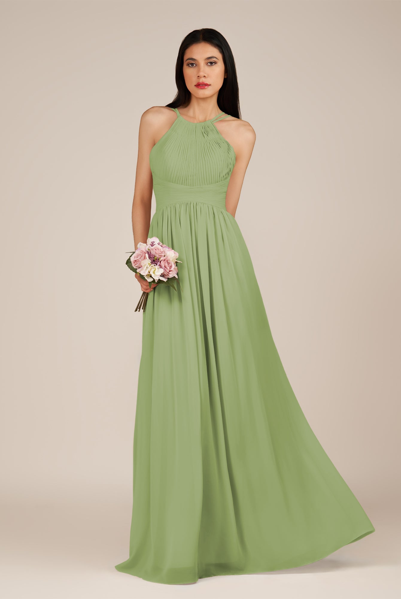KissDress-Ursa Matcha A Line Chiffon Halter Neck Long Bridesmaid Dress with Pleats