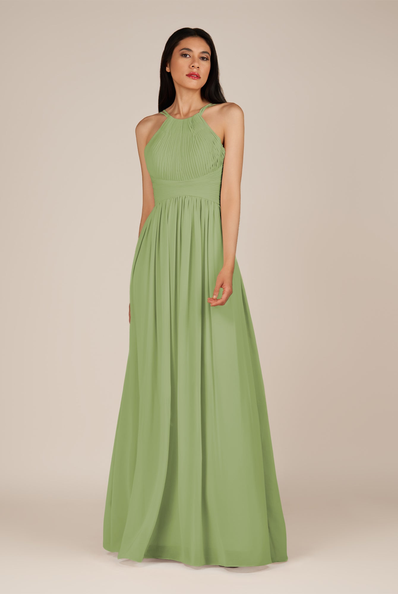 KissDress-Ursa Matcha A Line Chiffon Halter Neck Long Bridesmaid Dress with Pleats