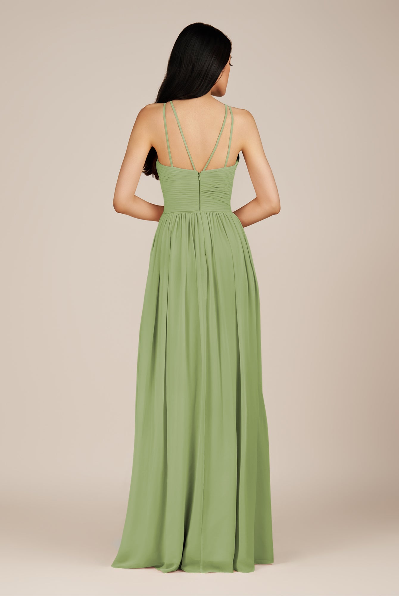 KissDress-Ursa Matcha A Line Chiffon Halter Neck Long Bridesmaid Dress with Pleats