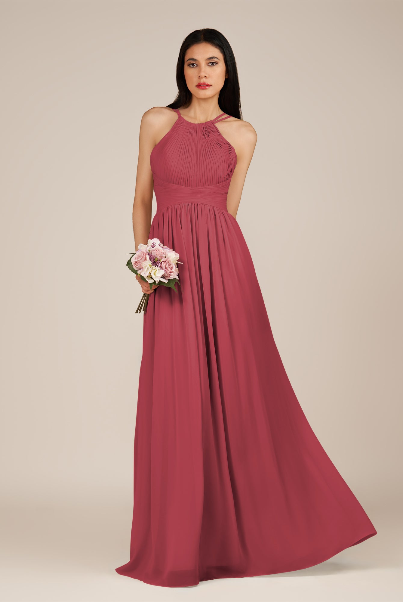 KissDress-Ursa Merlot A Line Chiffon Halter Neck Long Bridesmaid Dress with Pleats
