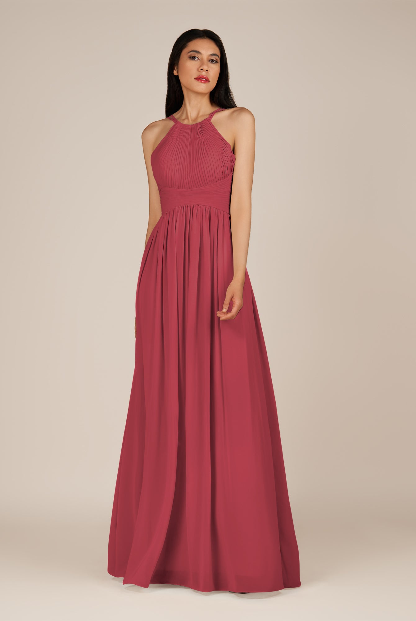 KissDress-Ursa Merlot A Line Chiffon Halter Neck Long Bridesmaid Dress with Pleats