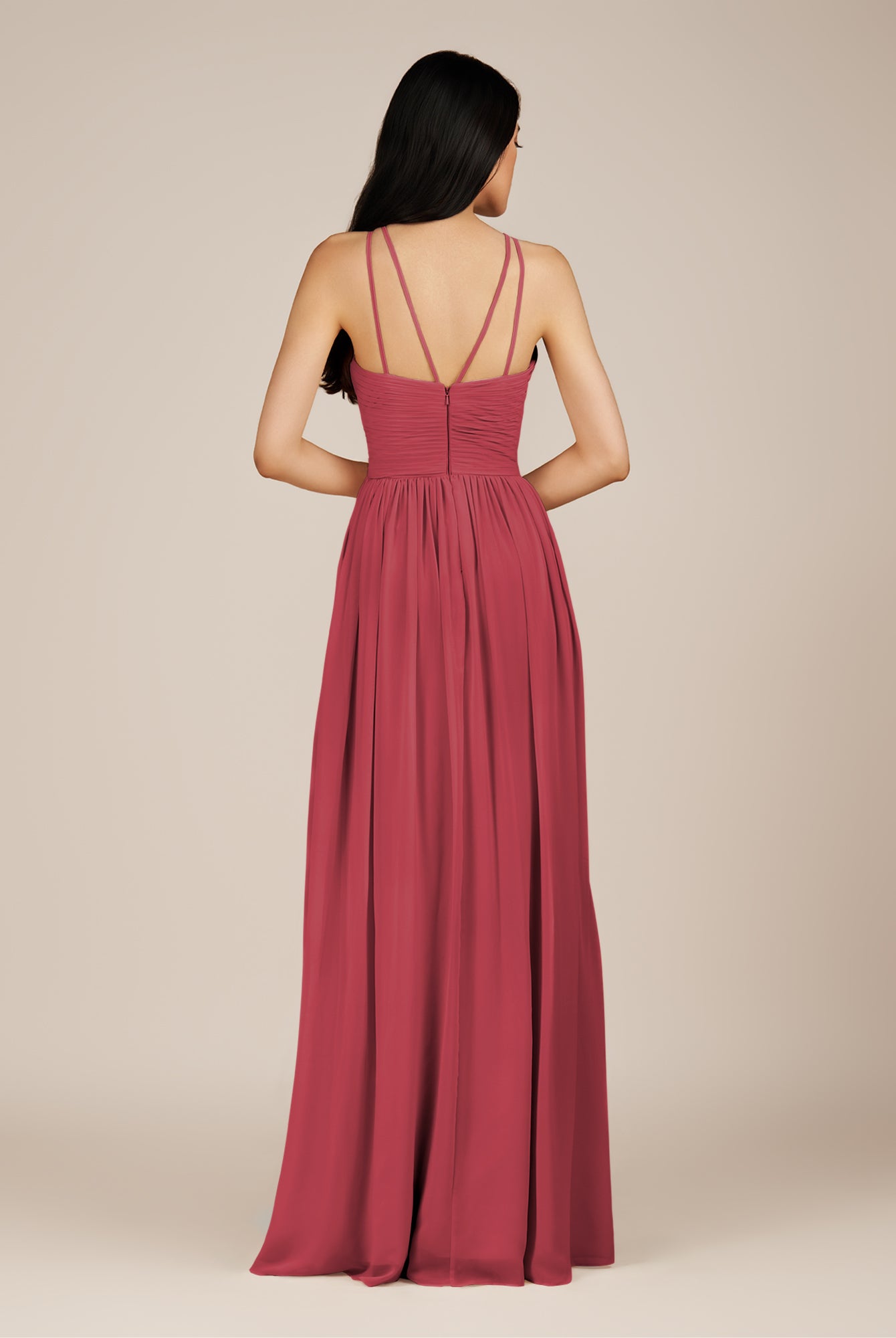 KissDress-Ursa Merlot A Line Chiffon Halter Neck Long Bridesmaid Dress with Pleats