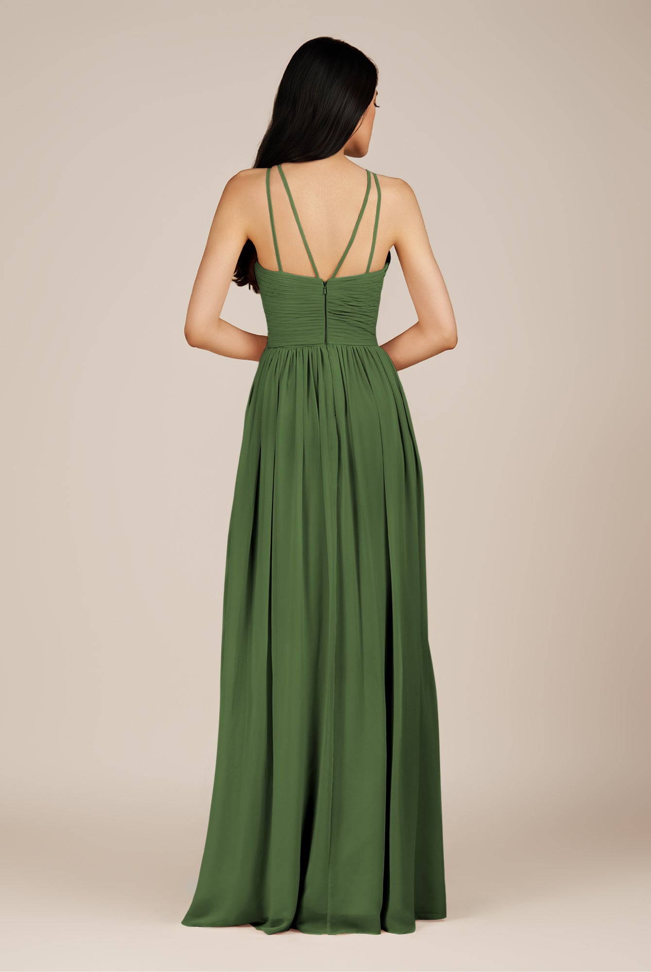 KissDress-Ursa Moss A Line Chiffon Halter Neck Long Bridesmaid Dress with Pleats